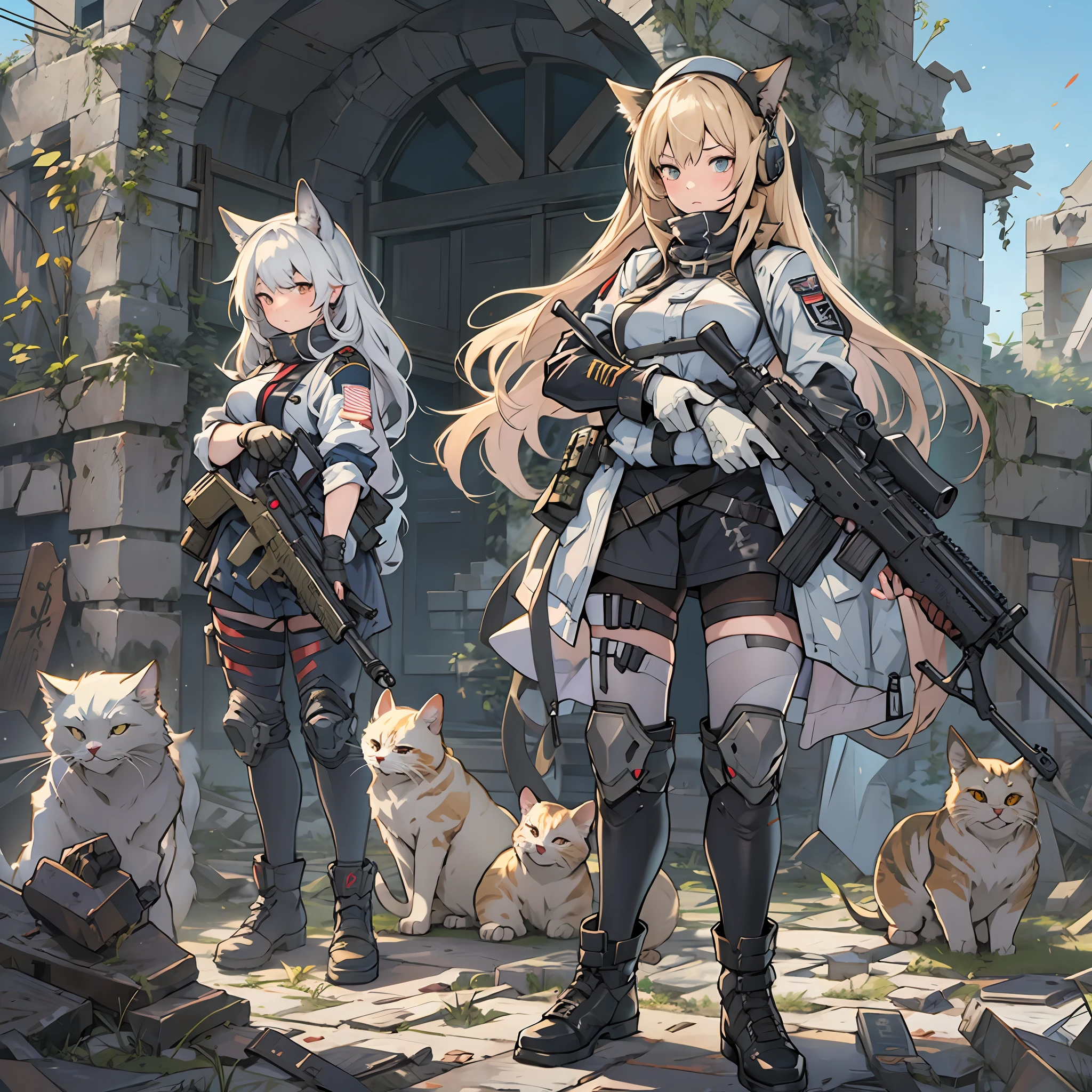 Anime girl standing in ruins,Armed angel girl holding cat front line style, from girls frontline, Fine details. girls' frontline, girls' frontline, girls frontline cg, infantry girl, Women's Last Tour, soldier girl, M4 Sopmod II Girls Frontline, anime maid ss military, girls frontline universe, Mechanized soldier girl, Majora、lieutenant colonel、Girls Moon、Start of battle!