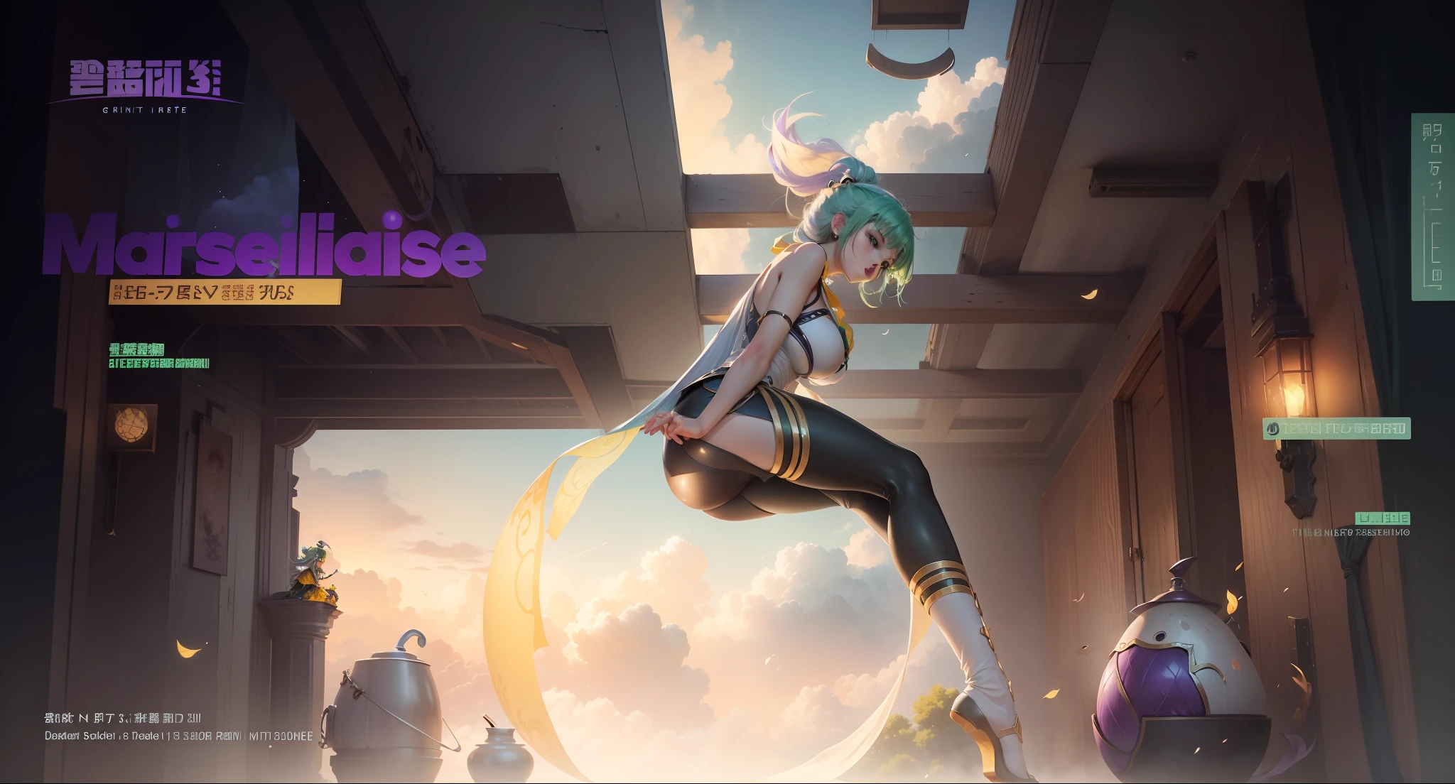 (((tmasterpiece))), Best Picture Quality, Super detailed CG unity 8k wallpaper, The best illustration, Extremely delicate and beautiful, levitating, A high resolution, Dynamic angle, Dynamic pose, (1个Giant Breast Girl), eBlue eyes, (Colorful hair+silber hair:1.3+redheadwear:1.2+Purple hair big breasts+Yellow-haired:1.3+Green hair: 1.3), White martial arts costume, Neck strap, beautiful face, Too many droplets, clouds, eventide, Faraway view, the watercolor style