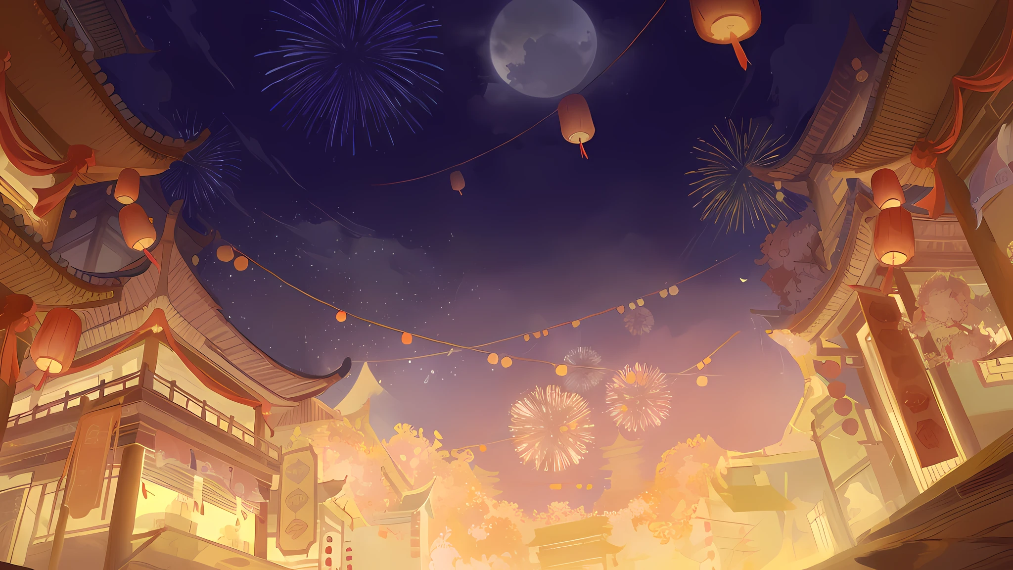 Ancient Lantern Festival，house，rays of moonlight，lamplight，lanterns，fire works，themoon，（tmasterpiece，The best quality，CG is very detailed，The details are complex：1.2），simple_background，firey，