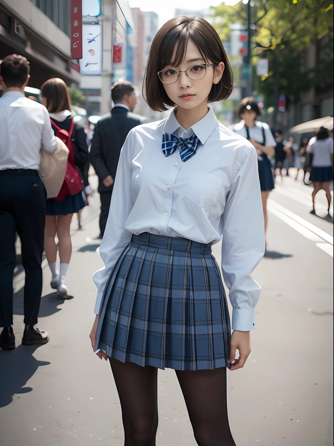 (8K、Raw photography、top-quality、masterpiece:1.2),de pele branca,kne,(Black pantyhose),absurderes,a small face,small tits,flat breast,Parting the bangs from the middle、Forehead visible,(Tight eyes,glares,Bullish,skinny,Rasping,irate)、masterpiece,top-quality、超A high resolution,Raw photo,ren,Beautiful fece,One Person, 独奏,eye glass,,Dark look,Small breasts,fullllbody,Round glasses、cute little、JK school uniform,hi-school girl,A Japanese Lady,is standing,(Photorealsitic:1.37)、Photon mapping,Light blue ribbon,Realistic、Cute little face,Brown-eyed、Black socks、(Red bow tie)、Radio City、Physically Based Rendering、Foreground、depth of fields、Blurry background、a picture,The girls、Body,beauty legs, Long legs, Thin leg,Long bob cut,(Bangs are visible), hair, s lips, Blue_The eye, nosesoft,(Light blue shirt), (Navy and blue and white plaid pleated skirt), Knees are visible,Sheer clothing,, Thigh, Black cotton socks,Nogizaka Idol, 女優, Japanese ido