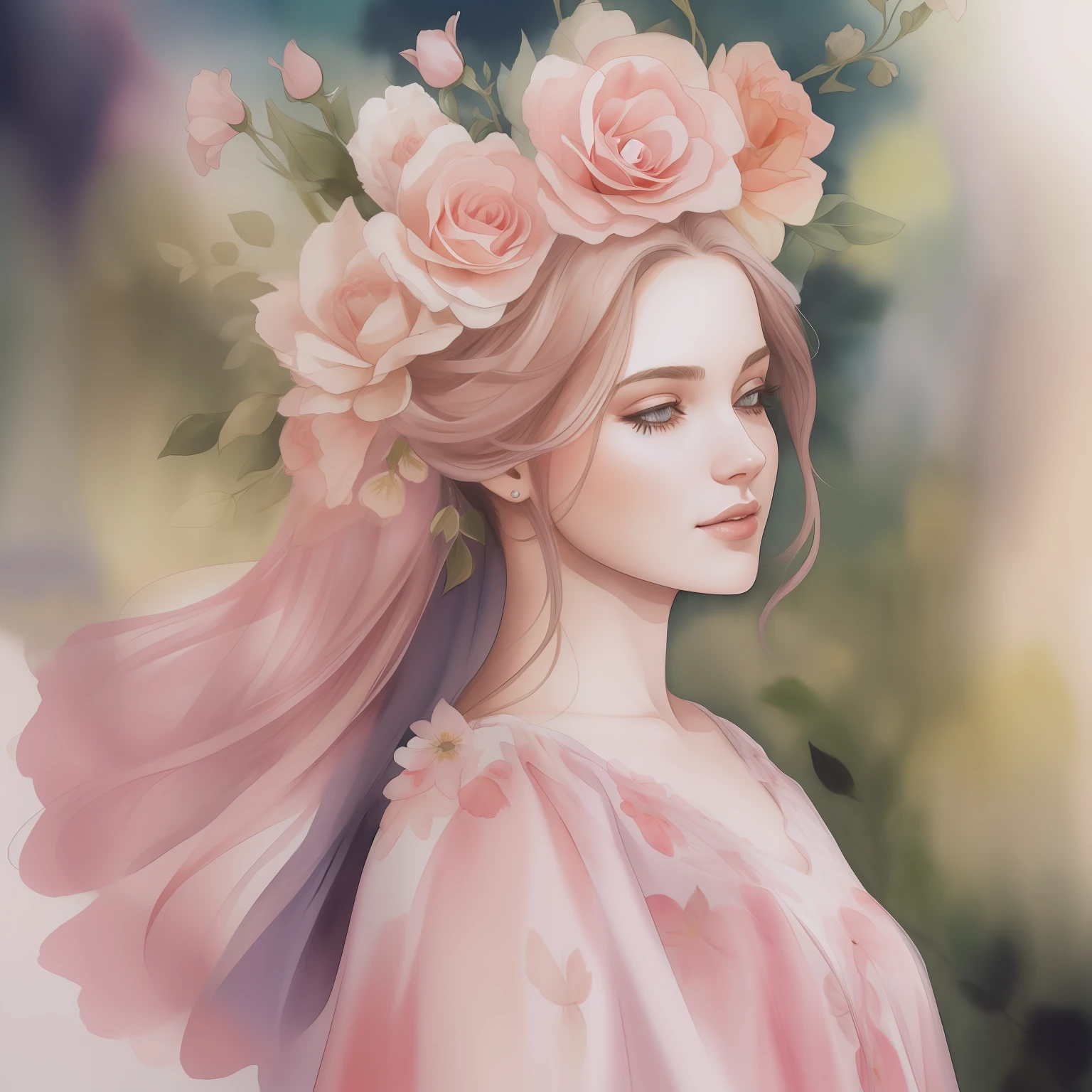 Uma pintura em aquarela de mulher de    longos cabelos  em um vestido de princesa rosa com uma coroa de flores,vestido