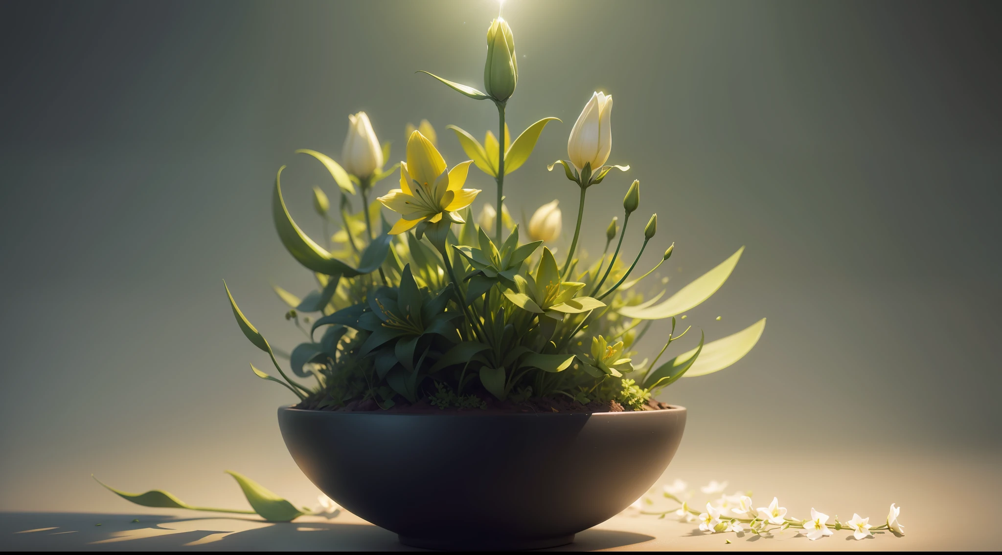 50 jasmine flowers and buds on green background,50 lilies,surrealism, hyper photorealism, a slight light, Depth of field, JPEG artifacts, Wide shot, Perspective, Atmospheric perspective, in a panoramic view, Lens flare, hyper HD, Masterpiece, ccurate,cyber punk style,The horizontal line is located in the upper third of the picture。