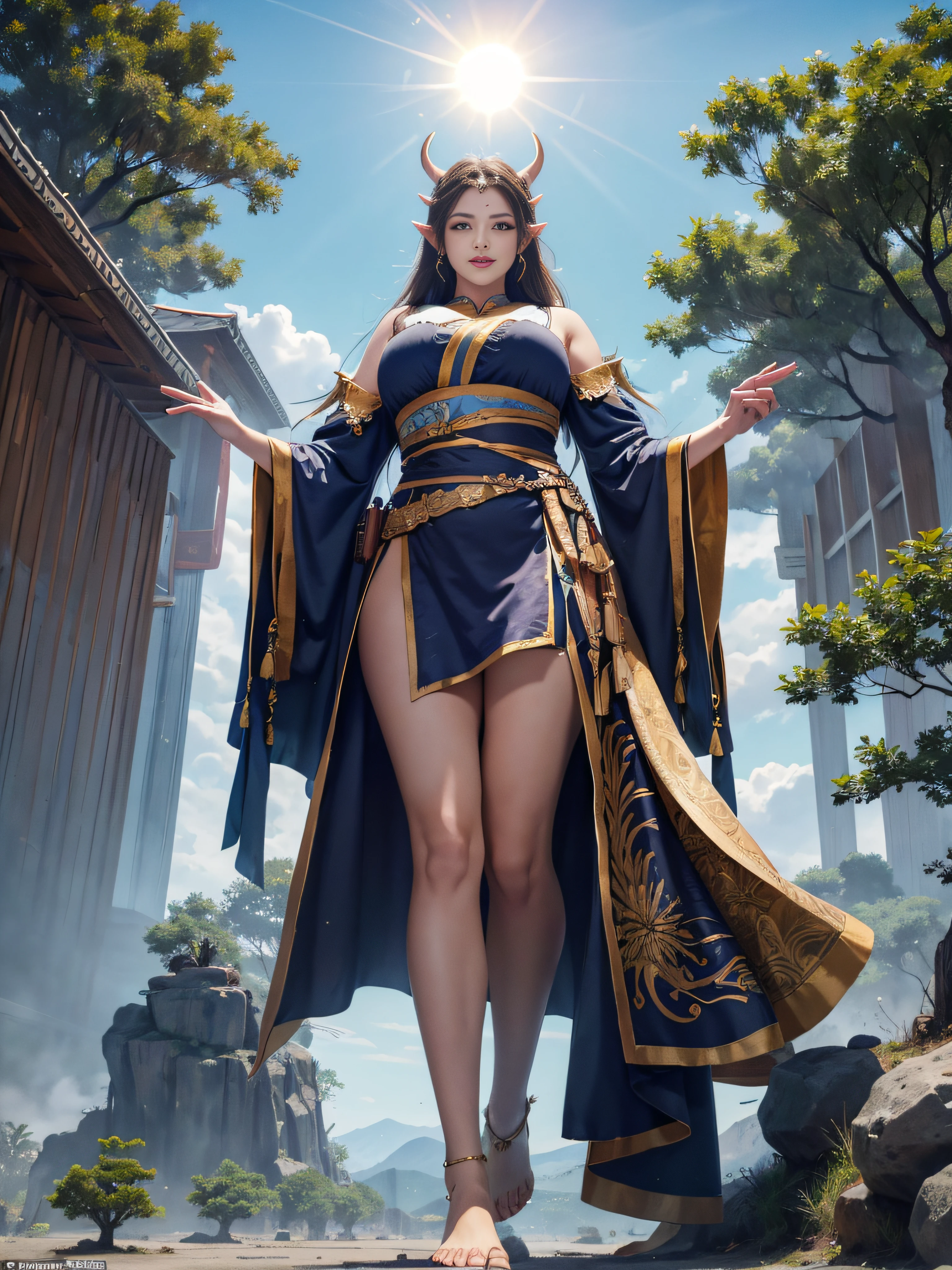 独奏，1 Orcs， Super tall，The temperament of a queen，tmasterpiece，best qualityer，Hyper-detailing，Full body illustration，Fine and detailed eyes and detailed face） garments：There are animal ears，Mature female orcs，cruel grin，There are clothes on the upper body，Wrap the whole body，The lower body is wearing animal skin shorts，bare-legged， Exhibition barefoot，allure：Tall，Plump body，Wide buttock，Large，Strong，There are muscles，Very high，Go ahead，（big assa：1.3），（thick thight：1.3），Taller than a tree，Clouds、building