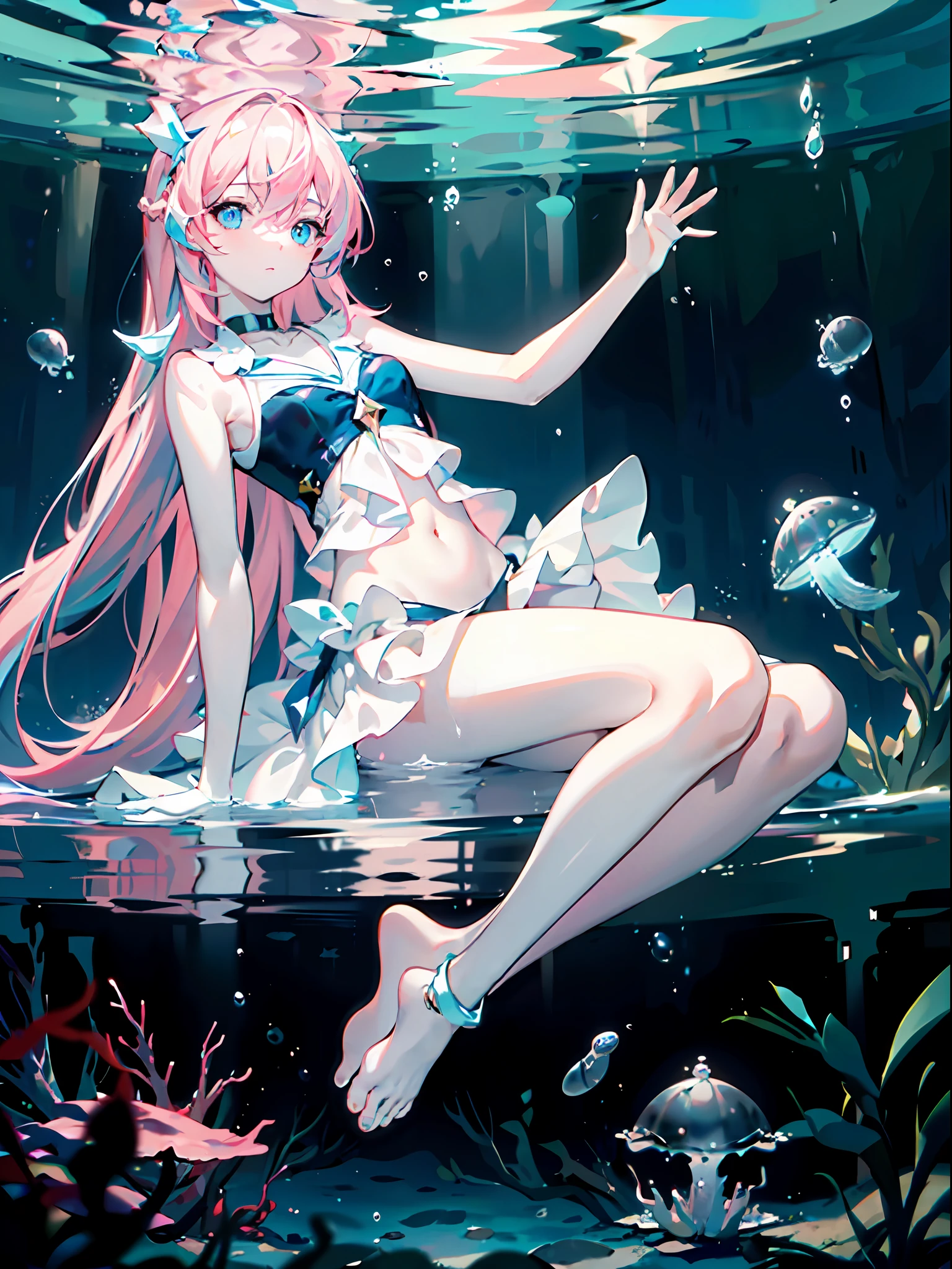 ((masterpiece)), ((pale skin)), (bokeh effect), (dynamic angle), sharp eyes, (solo:1.2), (female:1.1), 1girl, air_bubble, bangs, bare_shoulders, blue_dress, blue_eyes, bubble, (collarbone:1.2), fish, gloves, jellyfish, long_hair, looking_at_viewer, navel, solo, (underwater:1.3), (water:1.2), (submerged:1.4), (pink hair:1.2), (deep water:1.4), dark, (bare feet:1.2), (armpits:0.7), (sleeveless:1.4), (bare legs:1.4), ((bold outline))