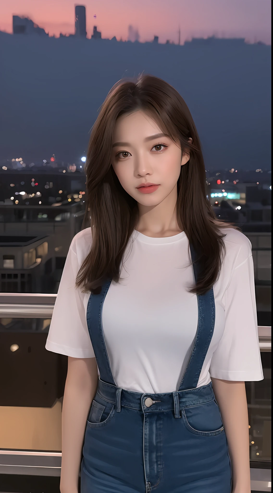 ((Midnight, Best quality, 8k, Masterpiece :1.3)), Whole body, Long legs, Sharp focus :1.2, A pretty woman with perfect figure :1.4, Slender abs :1.1, ((Dark brown hair, Big breasts :1.2)), (White tight tshirt, Jean bib, Standing:1.2), ((Night city view, Rooftop:1.3)), Highly detailed face and skin texture, Detailed eyes, Double eyelid