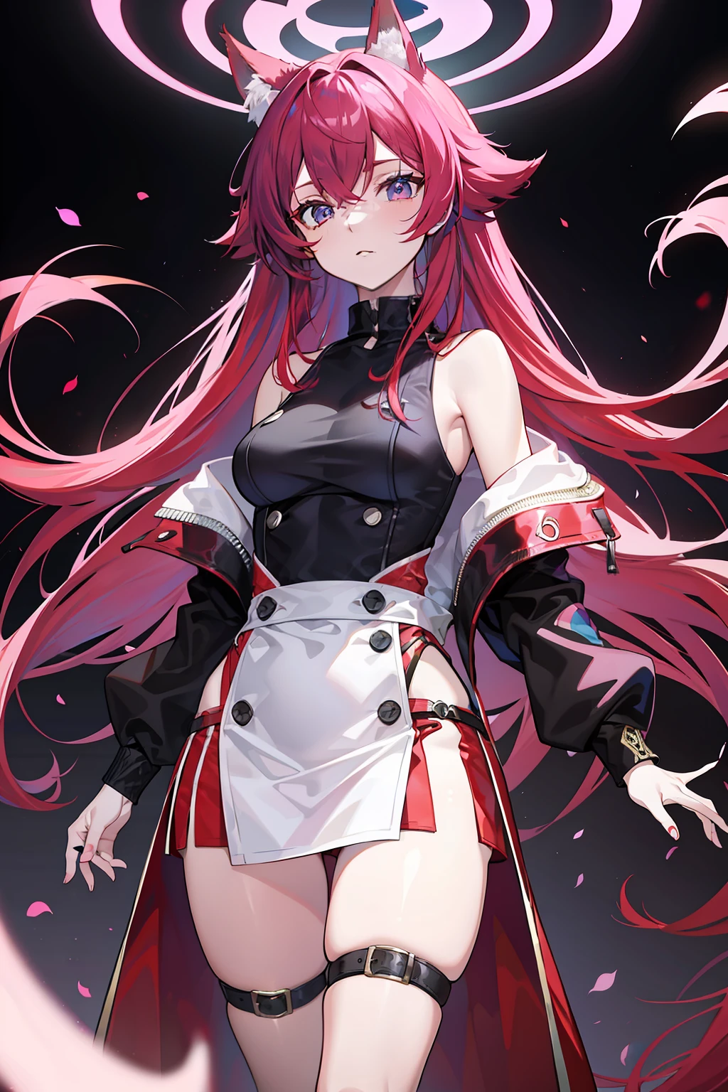 Kizi，Rosy red purple hair，blueneyes，fox ear，modern attire，full bodyesbian，long whitr hair，Qi bangs，Set the chart，Handsome，Strange thieves