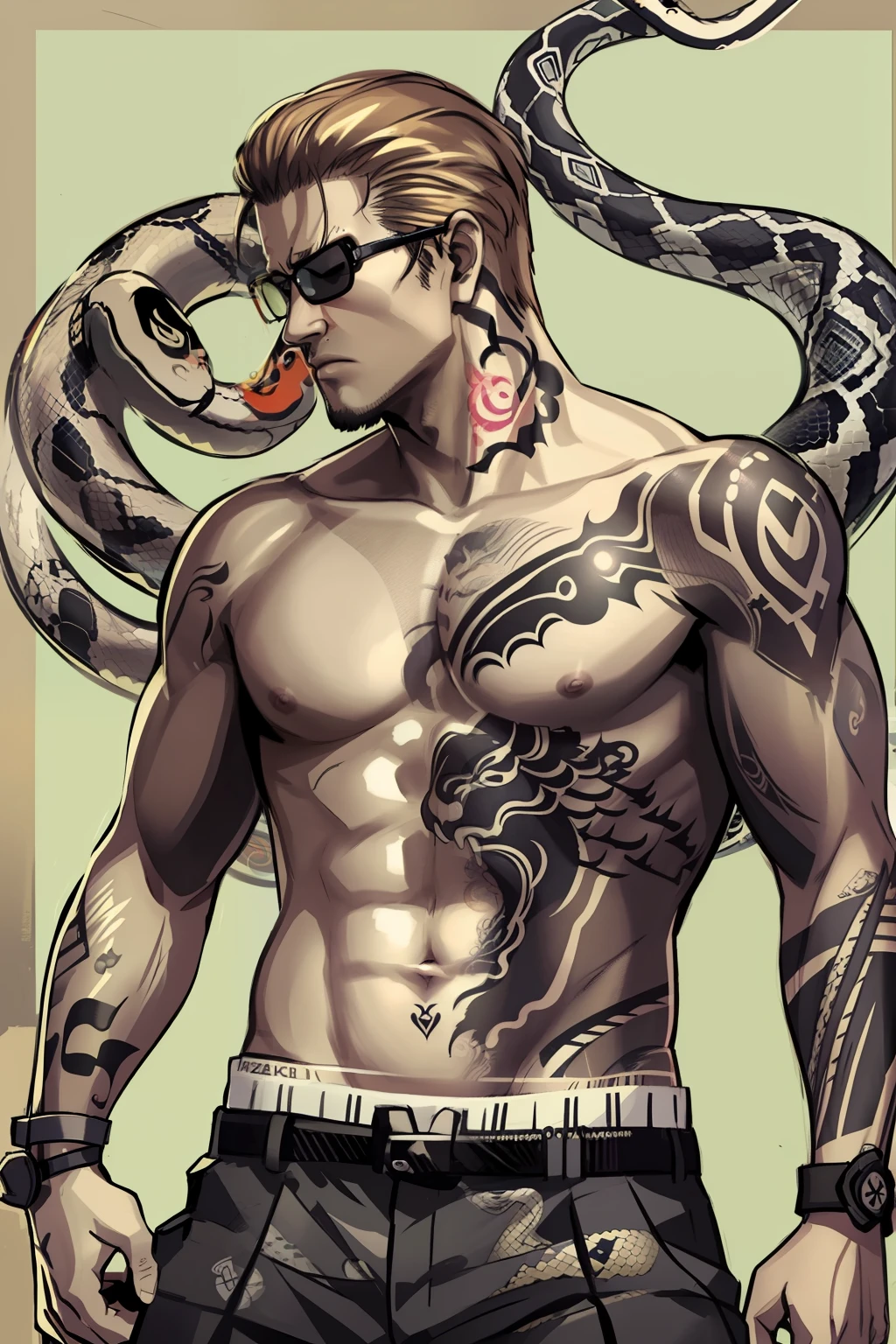 Wesker, wearing black Hamamatsu pants, (shirtless:1.3), (yakuza style tattoos on body:1.3) (snake tattoos:1.2), simple background, high resolution m, realistic, masterpiece