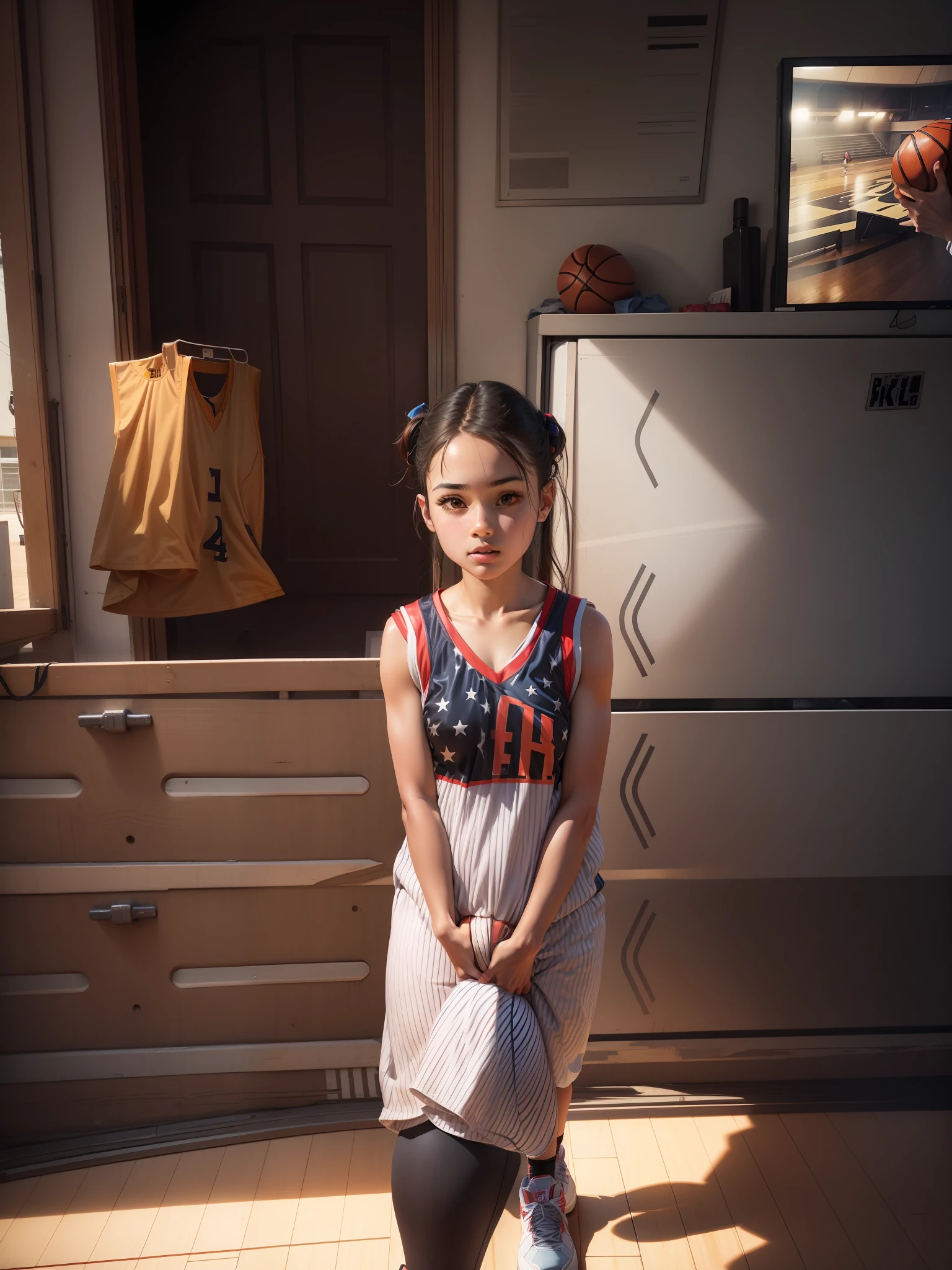 Cute basketball player girl.holding basketball. Basketball jersey.in basketball Stadium. 4k photo realistic face.8k resoulation.so many wathers.real face. Very tall body like basketball players.