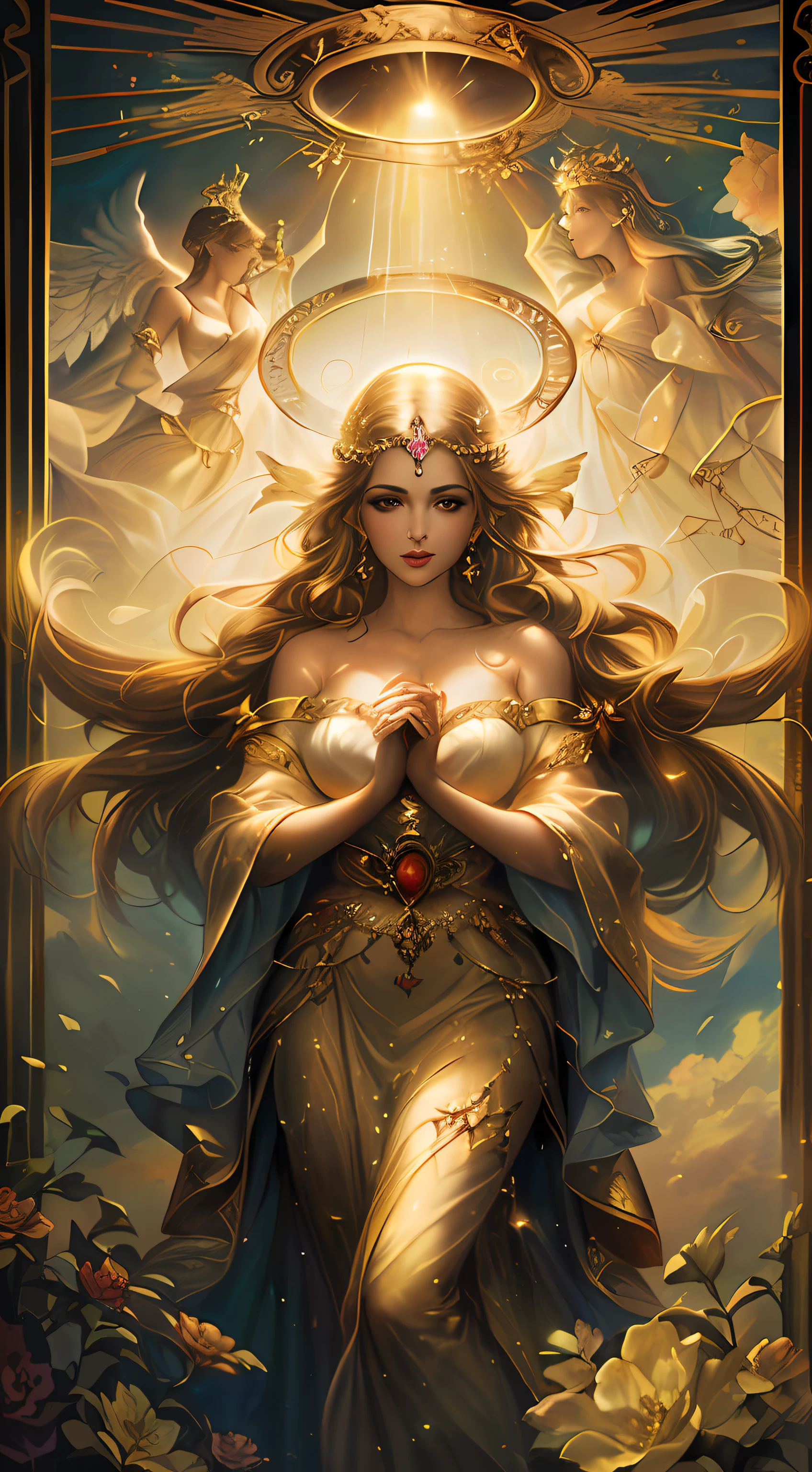 a drawing，The painting shows a woman holding a crown and an angel in her hand, Goddess. Extremely high detail, a stunning portrait of a goddess, gorgeous goddess of leo, artgerm julie bell beeple, art-style, artgerm detailed, portrait of a beautiful goddess, a beautiful fantasy empress, Art germ. anime illustration, goddess portrait,Breasts are sexier