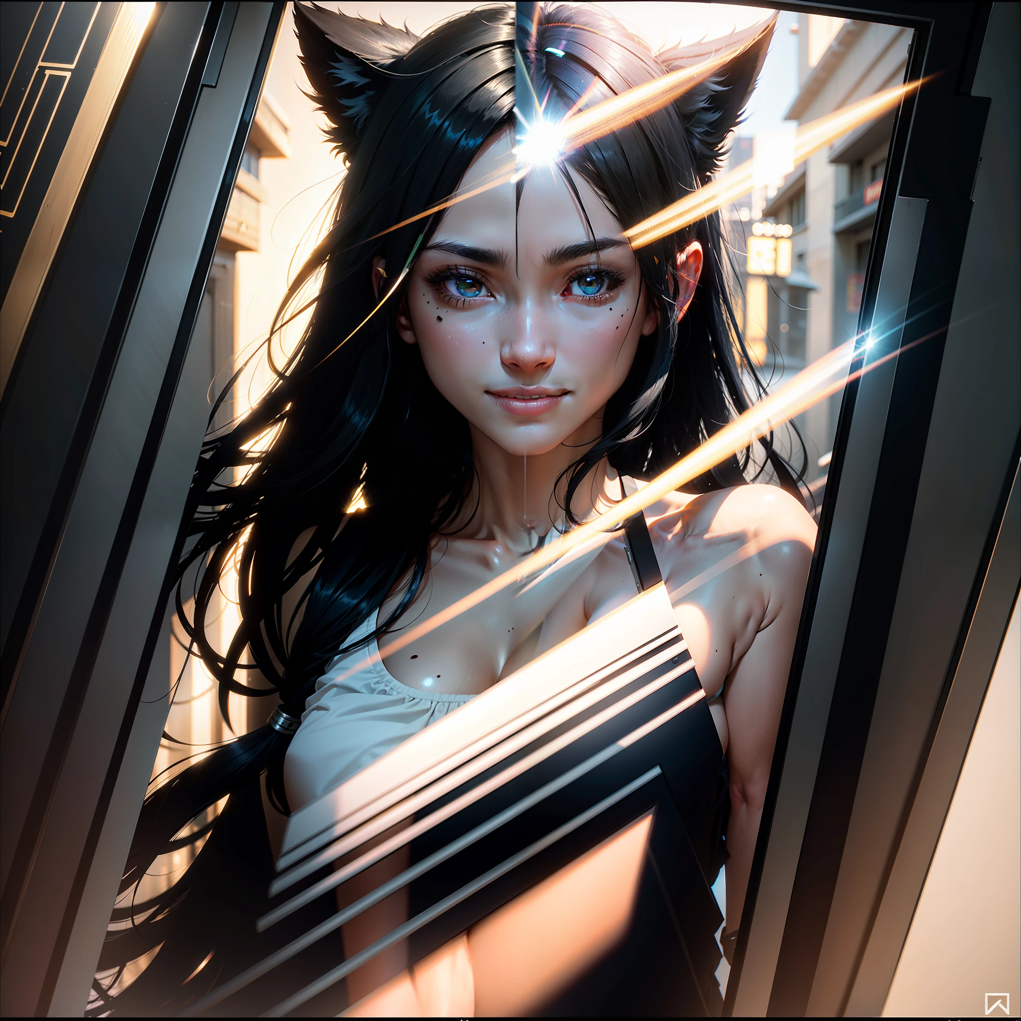 black hair, streaked hair, halo, mole under eye, animal ears, smile, Surrealism, Genre painting, ray tracing, reflection light, drop shadow, image fill, motion lines, multiple monochrome, optical illusion, anaglyph, stereogram, afterimage, border, framed, outside border, fading border, first-person view, lens flare, lens flare, 8k, super detail, 16k, retina
