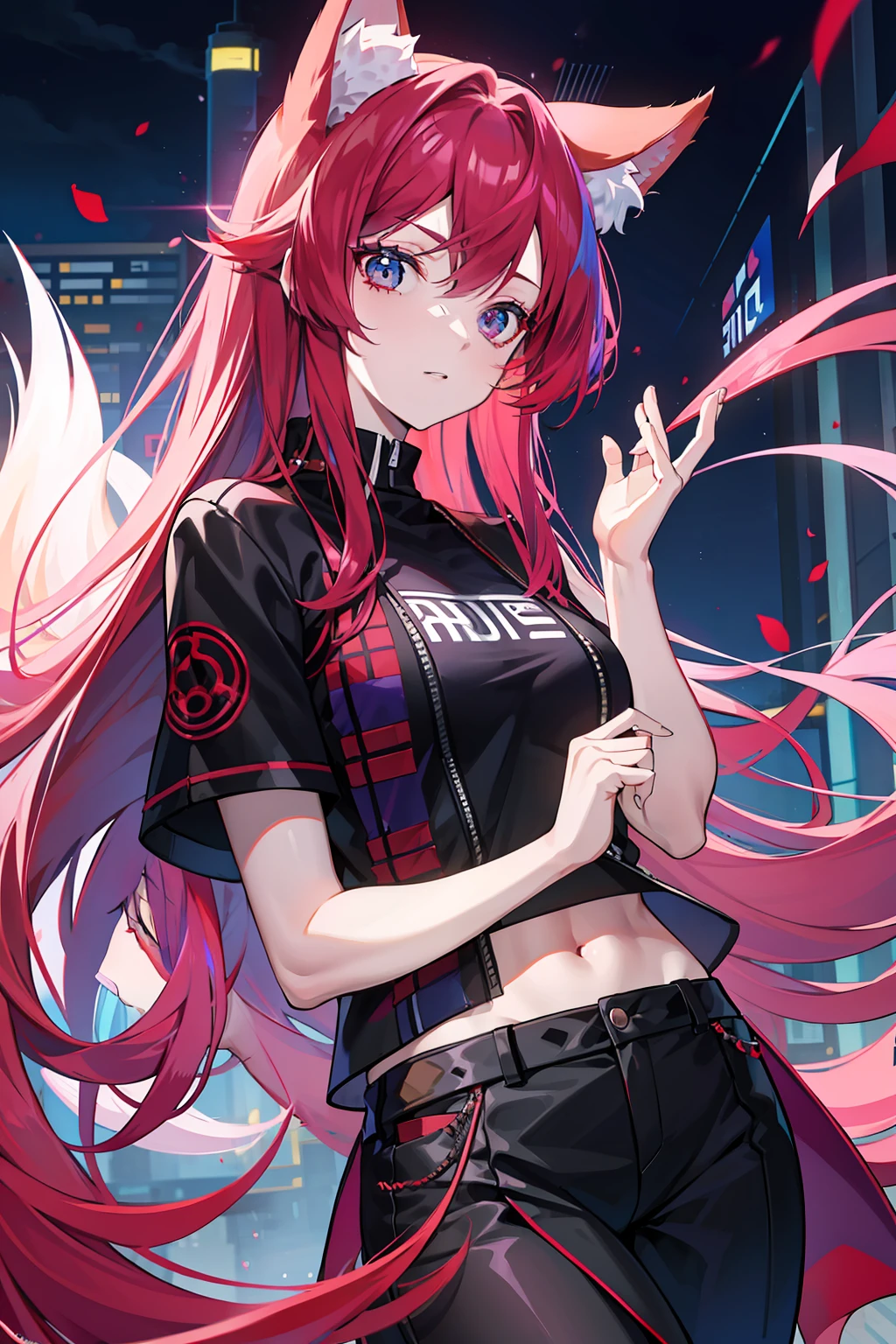 Kizi，Rosy red purple hair，blueneyes，fox ear，modern attire，full bodyesbian，long whitr hair，Qi bangs，Set the chart，Handsome，Strange thieves