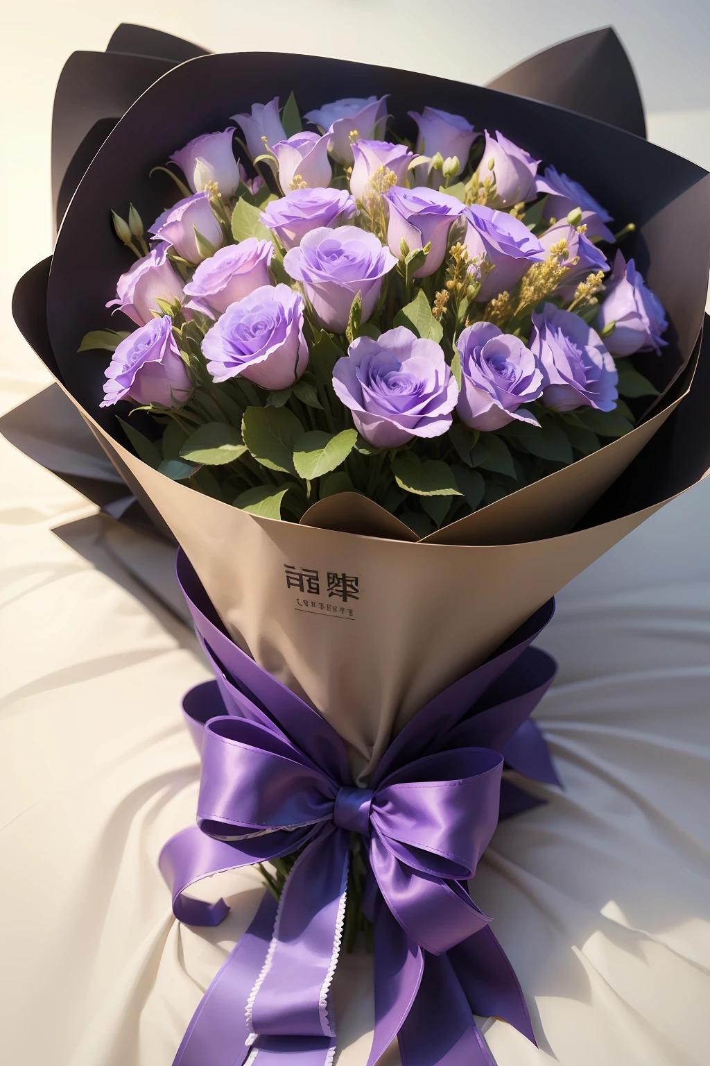 The bouquet features violets,Choose between dark and light violet colors,Served with a long dark red rose。The flower head is large and open,Excellent picking。
The outer packaging is simple white tissue paper,Fold into a tapered shape。A light purple ribbon is tied at one end that can be used as a clutch。The ribbon length is moderate,lively and lovely。
The inner packaging is dark purple silk paper with a good texture,Echoes the color tone of the flower。The combination of purple and white is simple and generous。
The extra accent is a small heart-shaped silver ornament,Faintly flickering,In line with the overall temperament of the bouquet。