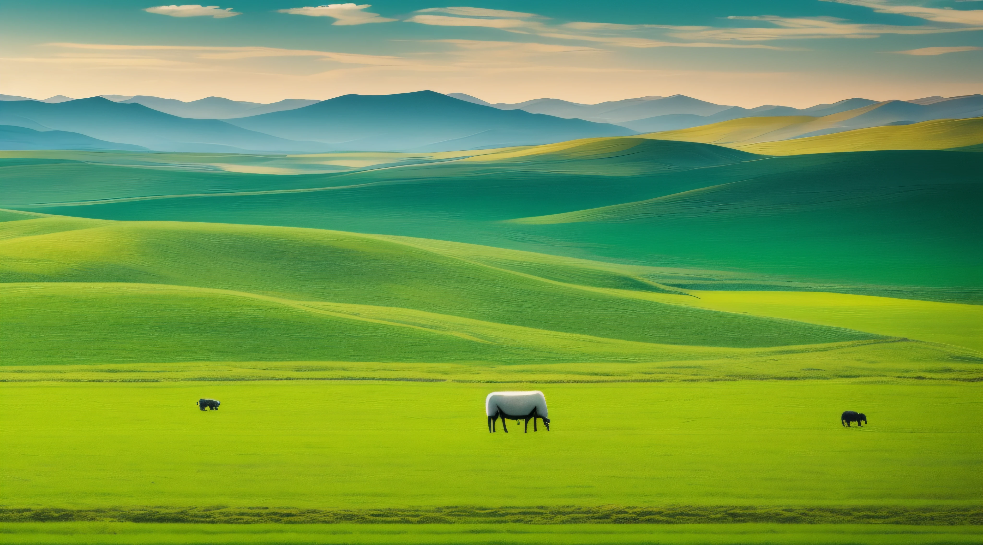 Hulunbuir steppe,blue-sky,green floor、baiyun,grassy fields,A winding river,Mongolian child,herdsman,yurts,cattle and sheep,Illustration style,k hd,16k