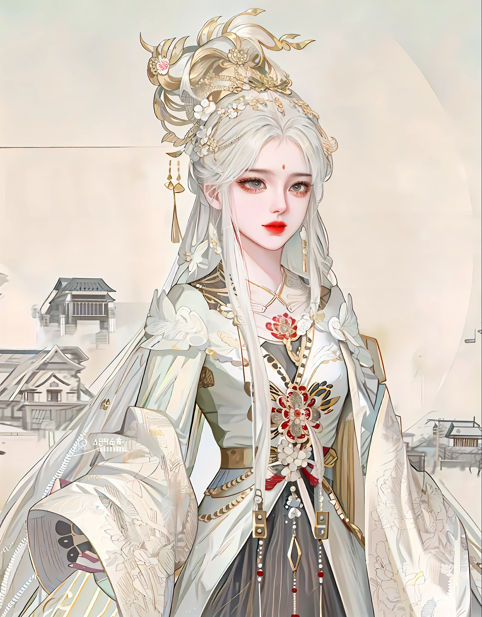 oriental girl,Works of masters,Best picture quality,Higher quality,high detal, 超高分辨率, 8K分辨率, depth of fields, cinematic photogtaphy, intricately details, carefully, meticuloso, glorious, max detail, extreme beautiful, (((1girll, 独奏))), 18yr old, long whitr hair, brunette color hair, white skinned, A picture, tmasterpiece, (Best picture quality), Higher quality, high detal, 超高分辨率, in a panoramic view, Exquisite facial features, s the perfect face,