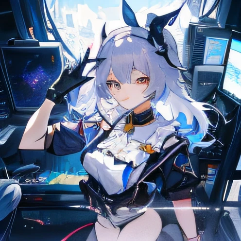 The anime characters are in a room with multiple computers and a woman, cybercore, y 2 k cybercore, cyber school girl, Digital cyberpunk anime art, Guweiz in Pixiv ArtStation, e - girl, E-Girl, kda, nightcore, Guweiz on ArtStation Pixiv, Show on the《Honkai:Star Dome Railway》Silver Wolf in