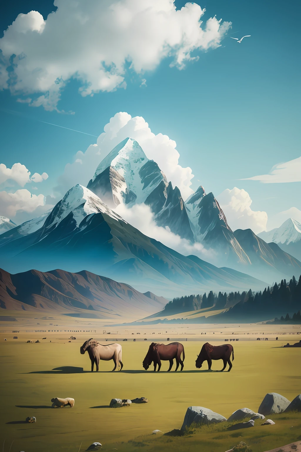 Arima grazes in a field with mountains as a background, 4k hd matte digital painting, 4k highly detailed digital art, beautiful digital painting, Beautiful art UHD 4 K, Stunning 8K artwork, marc adamus, 4 k digital painting, 4k digital painting, 4 k hd wallpaper illustration, Beautiful digital artwork, mountain scene, stunning digital painting