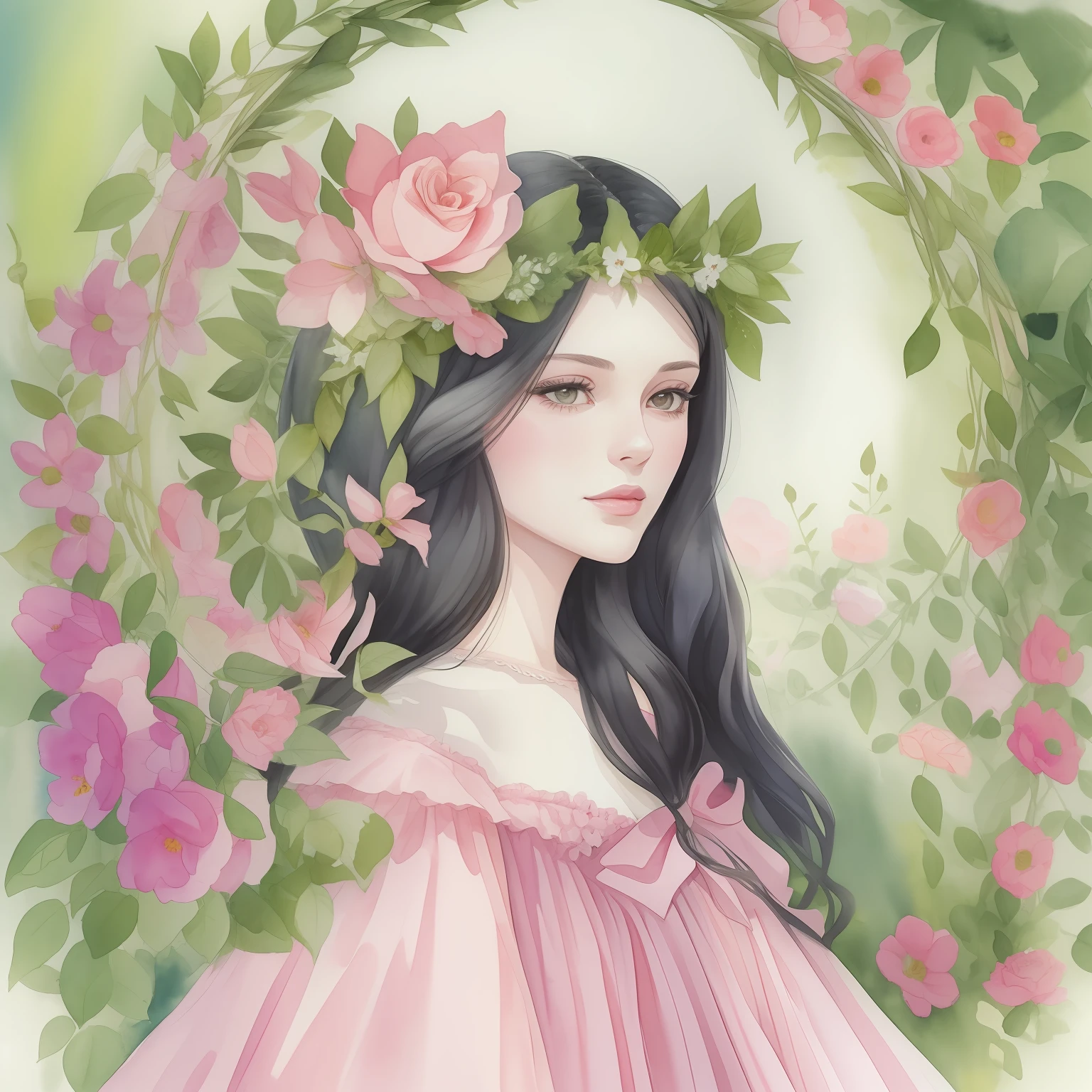 A watercolor painting of a woman with long black hair in a pink princess dress with a wreath she is in a garden