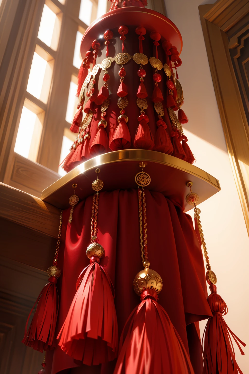 Red tassel device,disk,Columnar shelf,There are jewels on it,glitters