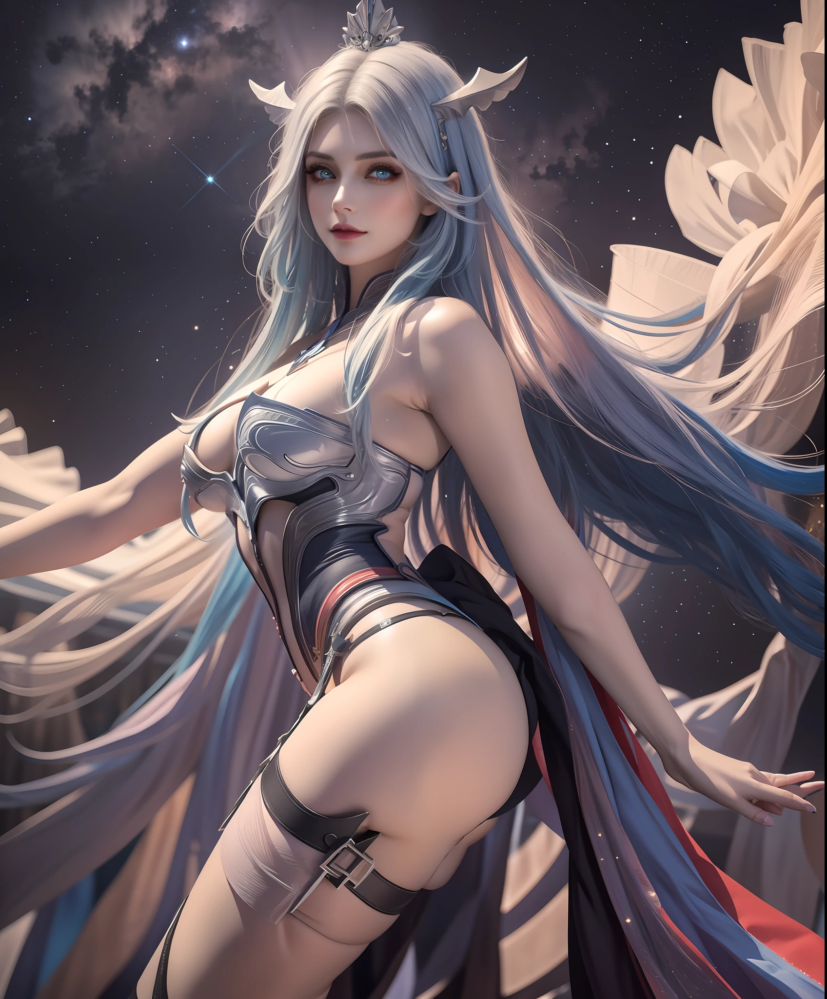 Realistic professional photos with super detail,full-shot,full bodyesbian,Straight lens,one-girl,Blue hair,eBlue eyes,long whitr hair,big round breasts,afloat,posing on a,Stand sideways,Rounded ass,Straight ass,power pose,The halo,The best succubus,Arrogant eyes,Looking into the distance,Stand under the stars,The attention to detail,The background is a comet and a nebula,light stre,cinmatic lighting,Side lighting,Dark and detailed galactic background,8K, 4K, (k hd: 1.1), best qualtiy (tmasterpiece: 1.3)