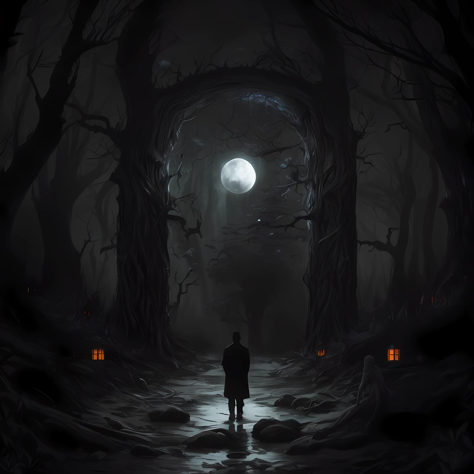 arafed image of a man standing in a dark forest with a full moon, an ominous fantasy illustration, surreal dark art, fantasy dark art, dark fantasy illustration, dark fantasy artwork, symmetrical epic fantasy art, dark fantasy style art, surreal dark fantasy, dark fantasy digital art, dark fantasy horror art, fantasy horror art, dark fantasy art