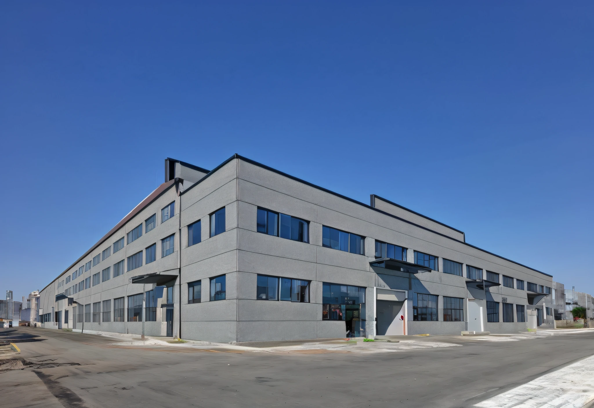 Arafeld Building，There are plenty of windows and a parking lot, building facing, exterior wide shot, introduction factory photo, Office building, arhitectural shot, Single building, industrial architecture, Concrete Building, modern technology building, full building, industrial space, the photo shows a large, high-quality photo, industrial factory, a wide full shot, high res photograph