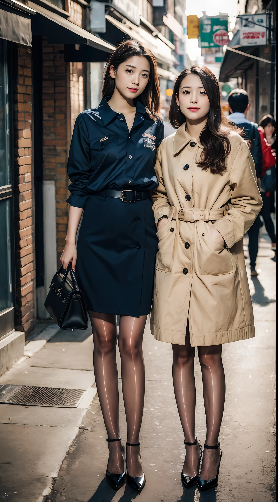 ,(RAW photo:1.2), (Photorealistic:1.4), Street photography,Beautiful Meticulous Girl, very detailed eyes and faces, Beautiful detailed eyes, ultra - detailed, A high resolution, The is very detailed,best qualtiy,2 girls,tmasterpiece,Stylish clothes,a skirt,illustratio,The is very detailed,unified,8k 壁纸,finely detailled,tmasterpiece,best qualtiy,Unity8k wallpapers,light in face,cinmatic lighting, 2 girls, Continuous forward,16 yaers old,(Camel toes),(full bodyesbian),are standing,鎖骨,Stylish clothes,Long legs,blacksilk,high-heels,the street,城市