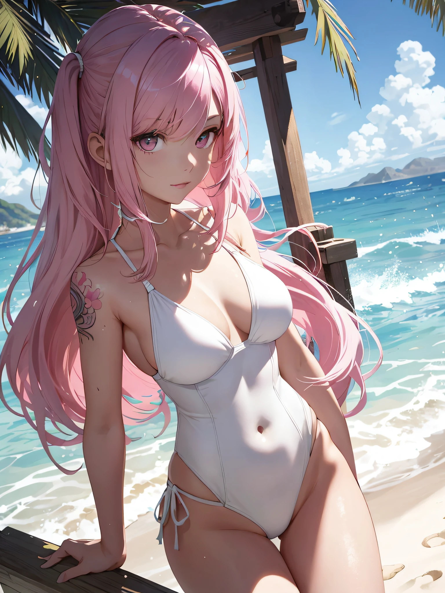 Beautiful fece, ​masterpiece, top-quality, hiqcgbody, animesque, 1girl in, Medium chest, The bikini, ((White swimsuit)), portrait shot, Look at viewers,,Southland,sea side, ((Pink hair)),poneyTail,wetted skin, intricate detailes,Tattoos all over the body、