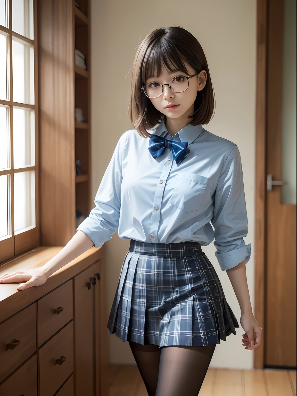 (8K、Raw photography、top-quality、masterpiece:1.2),de pele branca,kne,(Black pantyhose),absurderes,a small face,small tits,flat breast,Parting the bangs from the middle、Forehead visible,(Tight eyes,glares,Bullish,skinny,Rasping,irate)、masterpiece,top-quality、超A high resolution,Raw photo,ren,Beautiful fece,One Person, 独奏,eye glass,,Dark look,Small breasts,fullllbody,Round glasses、cute little、JK school uniform,hi-school girl,A Japanese Lady,is standing,(Photorealsitic:1.37)、Photon mapping,Light blue ribbon,Realistic、Cute little face,Brown-eyed、Black socks、(Red bow tie)、Radio City、Physically Based Rendering、Foreground、depth of fields、Blurry background、a picture,The girls、Body,beauty legs, Long legs, Thin leg,Long bob cut,(Bangs are visible), hair, s lips, Blue_The eye, nosesoft,(Light blue shirt), (Navy and blue and white plaid pleated skirt), Knees are visible,Sheer clothing,, Thigh, Black cotton socks,Nogizaka Idol, 女優, Japanese ido