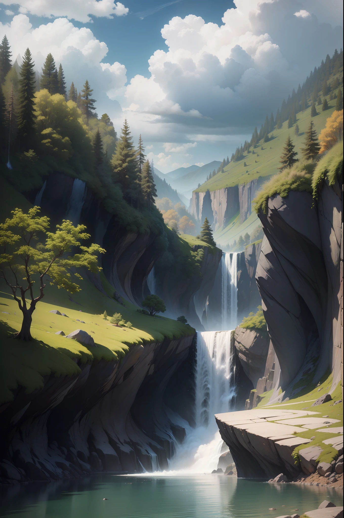 tmasterpiece,Best quality at best,high qulity,the Extremely Detailed CG Unity 8K Wallpapers,scenecy,exteriors,Skysky,clouds,overcast day,without humans,hilly,scenecy,Eau,The tree,blue-sky,waterfallr,precipice,naturey,lakes,rios,Cloudy sky,award winning photography,Background bokeh,depth of fields,HDR,blooms,color difference,真实感,The is very detailed,Trends on Artstation,Trends on CGSociety,iintricate,high detal,dramatics