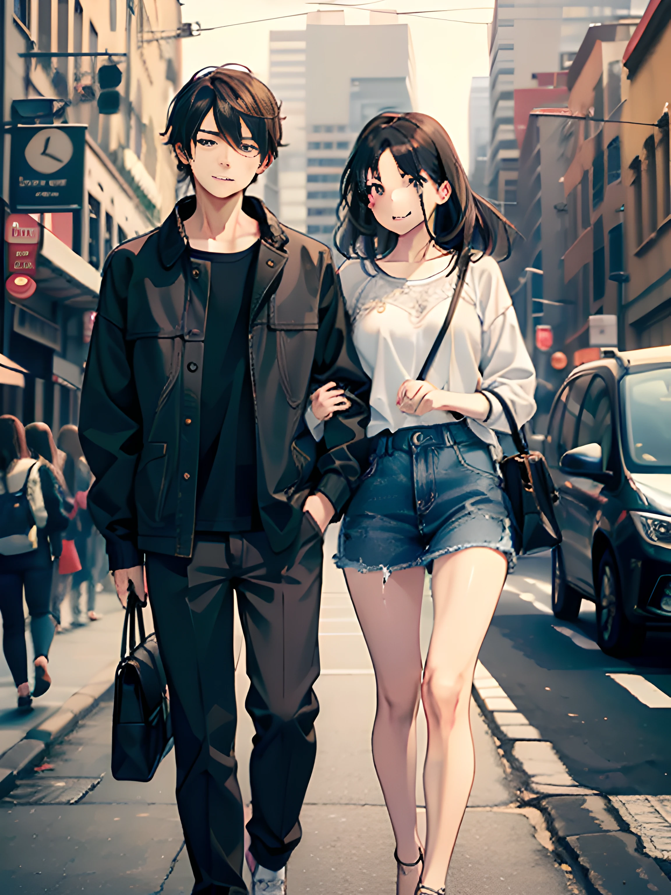 masterpiece, best quality, 2others, couple, 1man with 1woman, mature, adult, Height difference, different fashion, different color, finely detailed eyes and detailed face, intricate details, casual clothes, oversized shirt, modern urban street, holding hands, smile, happy, love