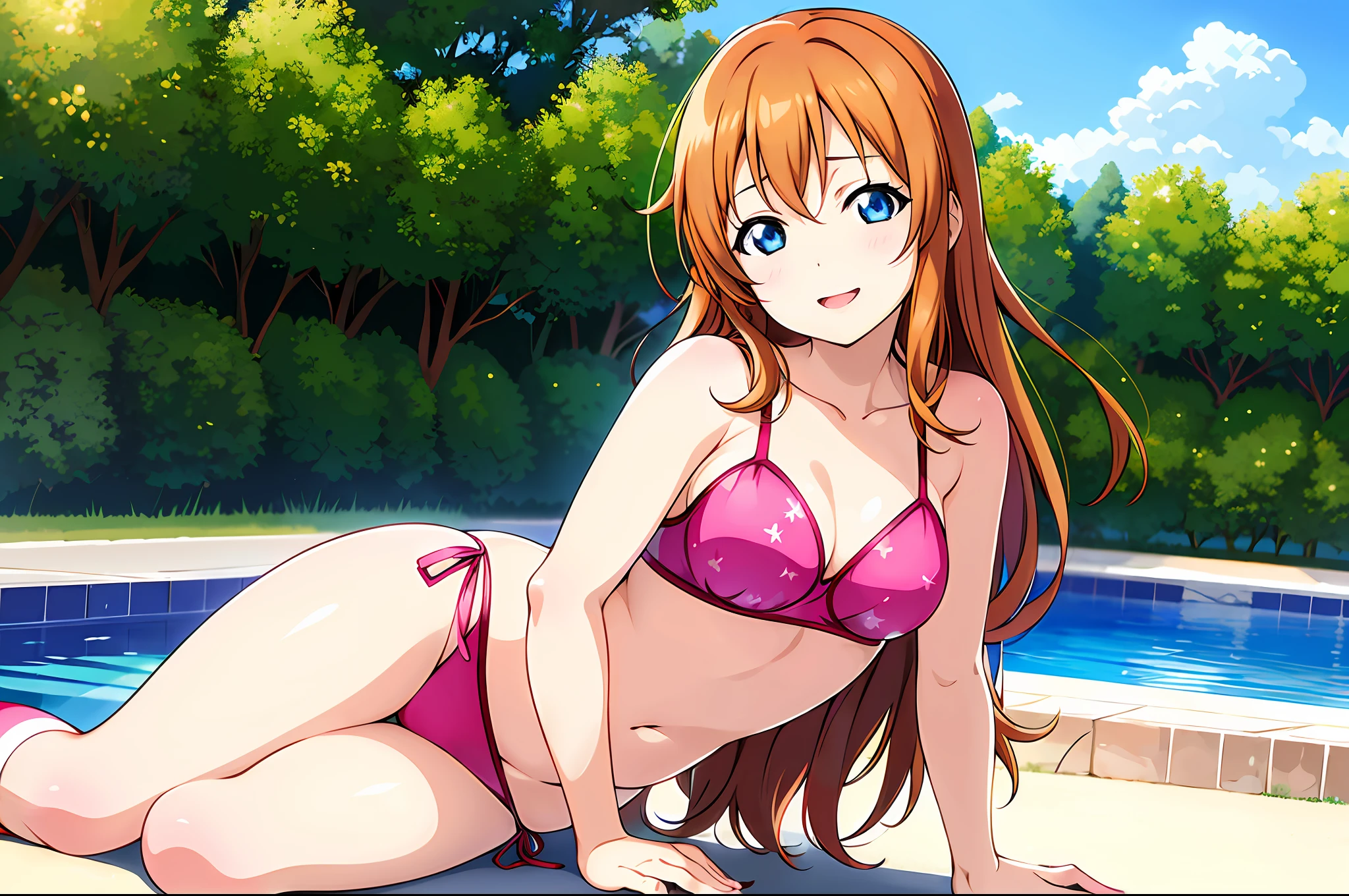 Kousaka honoka in pink bikini lying on the ground, photorealistic anime, photorealistic anime girl render, realistic anime, Realistic anime style, Hyper realistic anime, Seductive Anime Girl, realistic bikini, blue eyes, an anime girl, realistic anime style at pixiv, beautiful alluring anime teen, llchar