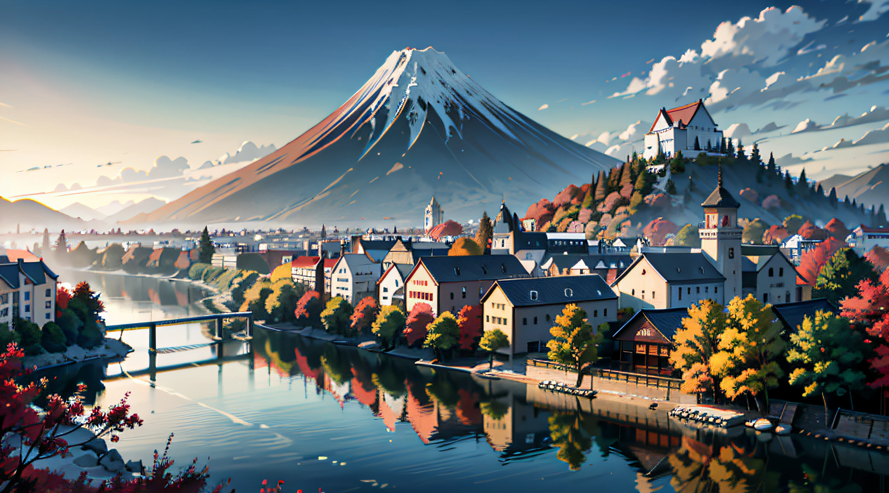 Akiyama Akisui kissed illusorily,The mountain does not move,The water is slightly loud。That medieval old town,With this autumn sound