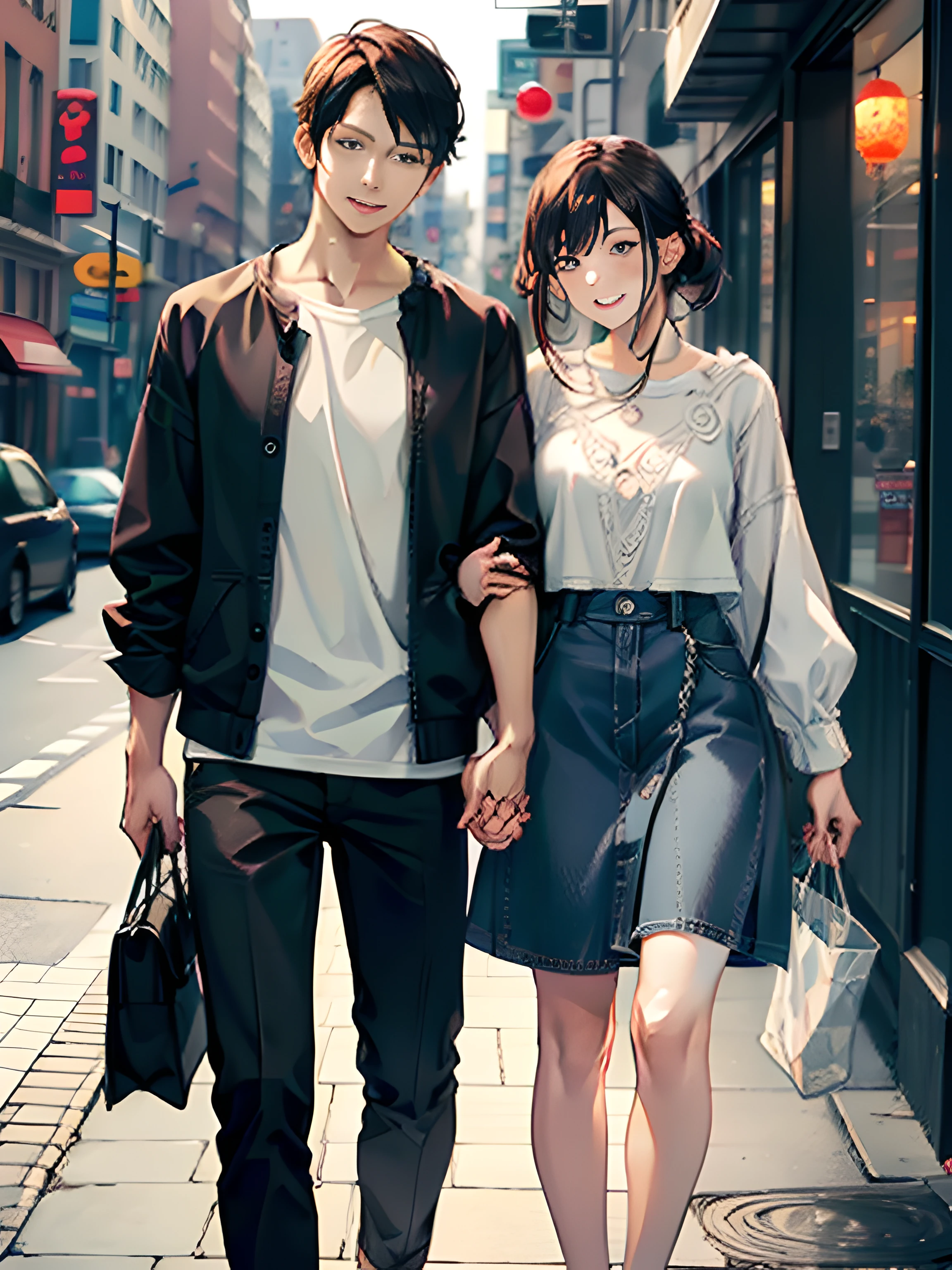 masterpiece, best quality, 2others, couple, 1man with 1woman, mature, adult, Height difference, different fashion, different color, finely detailed eyes and detailed face, intricate details, casual clothes, oversized shirt, modern urban street, holding hands, smile, happy, love