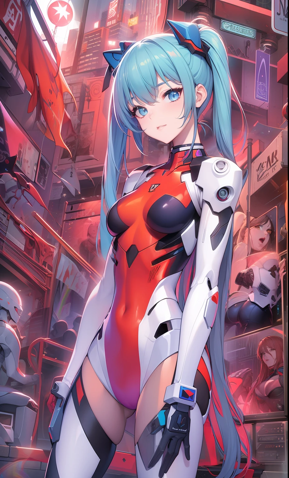 tmasterpiece, best qualityer, Kizi, slenderness, blue color eyes, Hair color, Rainbow art, Unfold your long blonde hair, White skin of the, Blood vessels in the arms and chest, mediating, Bonito, Sexy, Near future, Cyberpunk, Spichini, uncovered skin, natta, psicodelic, Trip, Extremely colorful, Temas Paisley, spread their legs, Mechanical left arm, full bodyesbian, Superman S symbol in background.EVA，asuka，asuka，From the anime Evangelion