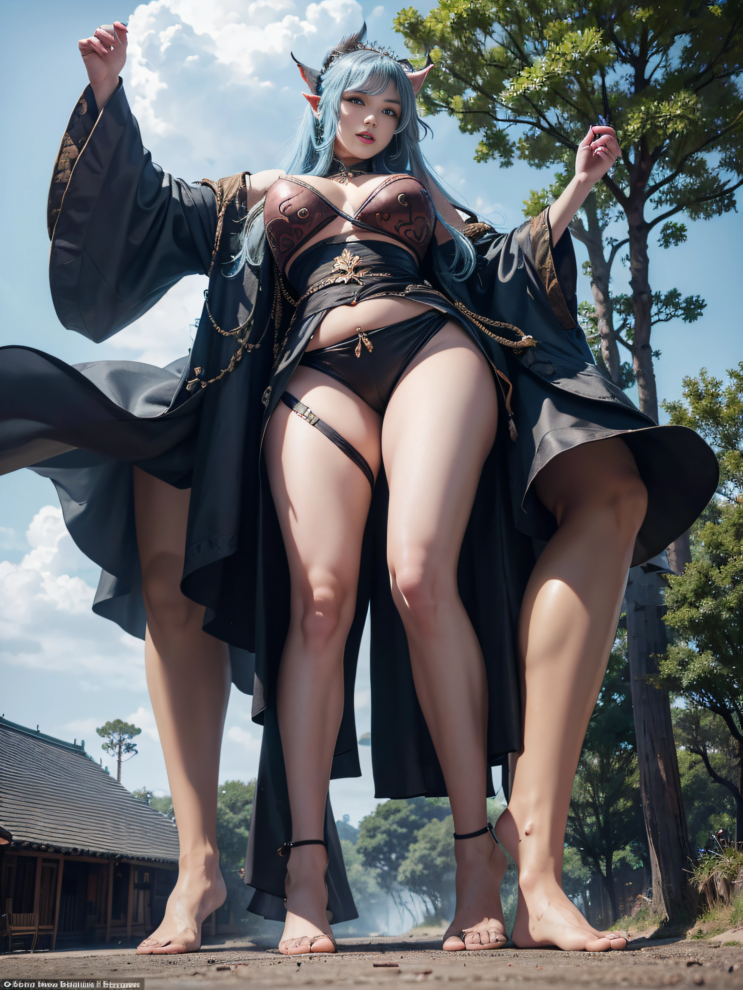 独奏,1 Orcs, Super tall,The temperament of a queen,tmasterpiece,best qualityer,Hyper-detailing,Full body illustration,Fine and detailed eyes and detailed face) garments:There are animal ears,Mature female orcs,cruel grin,There are clothes on the upper body,Wrap the whole body,The lower body is wearing animal skin shorts,bare-legged, Exhibition barefoot,allure:Tall,Plump body,Wide buttock,Large,Strong,There are muscles,Very high,Go ahead,(big assa:1.3),(thick thight:1.3),Taller than a tree,Clouds、building