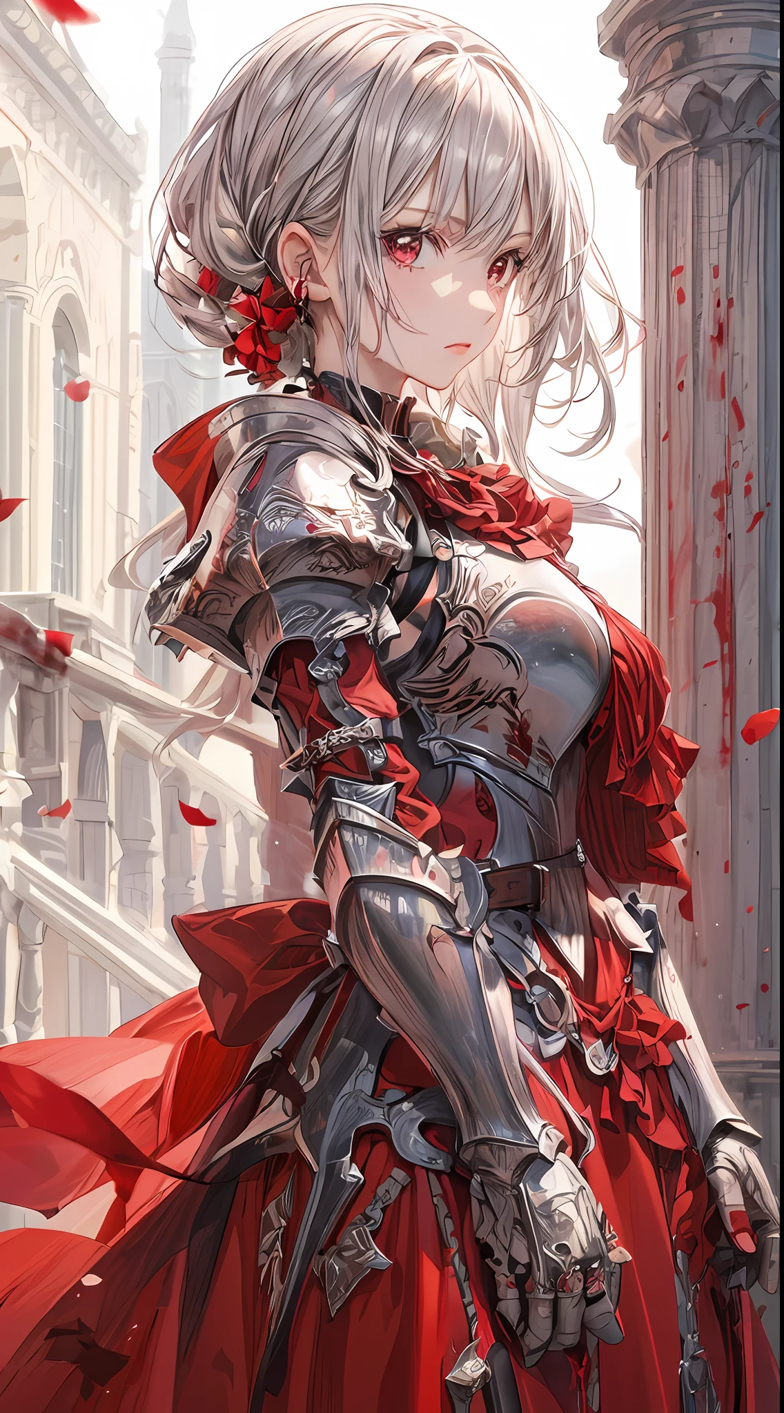 a woman in a red dress with a sword and armor, lady in red armor, red armor, silver armor and red clothing, armor girl, beautiful armor, of a beautiful female knight, but the armor covers her face, blood red armor, detailed key anime art, stunning armor, white and red armor, detailed anime artwork, extremely detailed artgerm