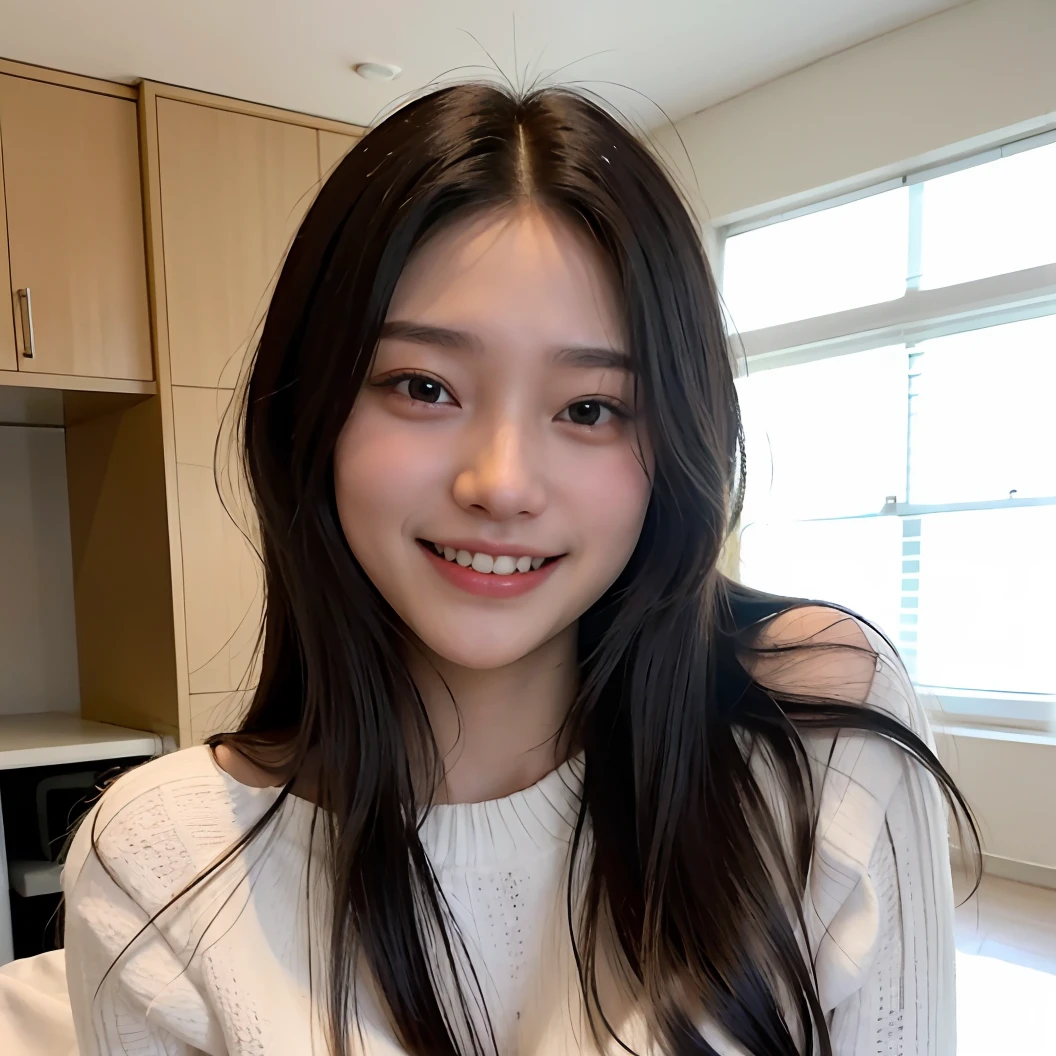 arafed woman with long black hair smiling in a room, cindy avelino, real ungine, slight cute smile, 18 years old, 1 , she is smiling, lovely smile, 19-year-old girl, with a beautifull smile, yamy yamy, she is about 1 6 years oldiling and happy