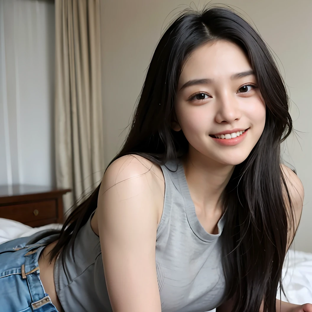 arafed woman with long black hair smiling in a room, cindy avelino, real ungine, slight cute smile, 18 years old, 1 , she is smiling, lovely smile, 19-year-old girl, with a beautifull smile, yamy yamy, she is about 1 6 years oldiling and happy