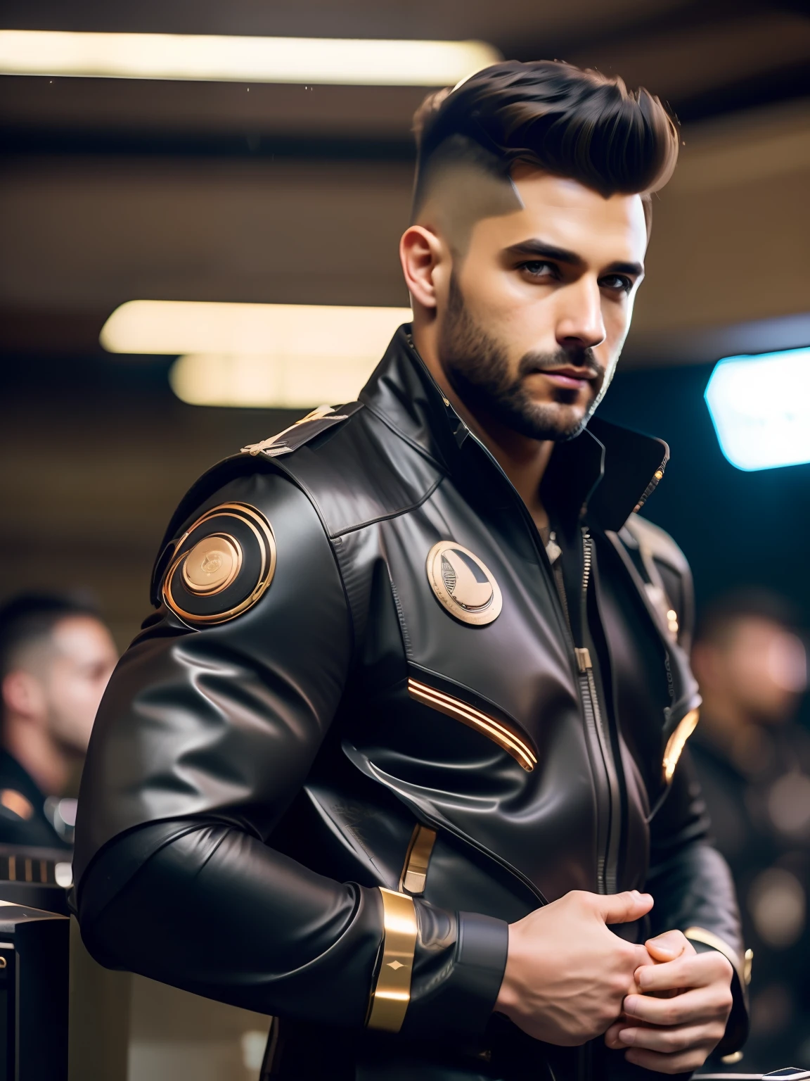 fking_scifi, foto premiada de um homem, Black flight suit with gold details, cabelo longos castanho, (olhos castanhos caramelo: 1,35), queixo quadrado,barba por fazer, asymmetrical face, parado em frente a uma janela em uma nave espacial, 80 mm, bokeh, efeito de massa , close-up, fking_cinema_v2