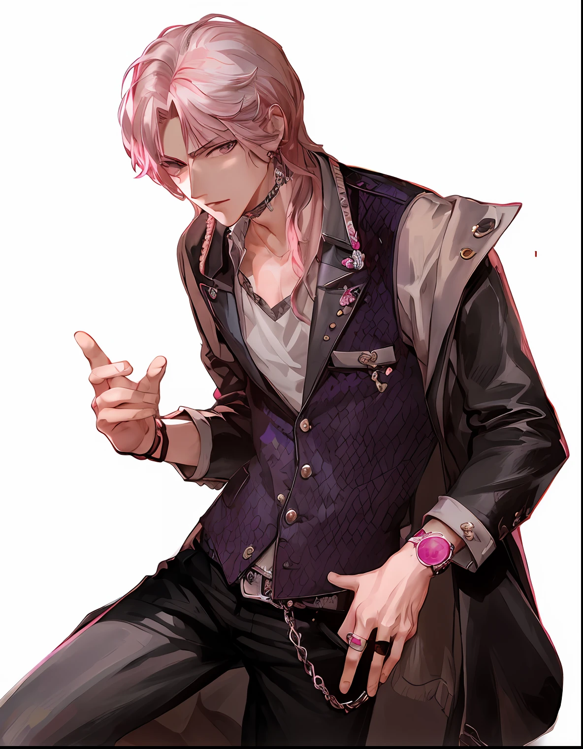 Pink hair handsome anime pose, nagito komaeda, hajime yatate, handsome guy in demon killer art, Beautiful androgynous prince, shigenori soejima illustration, Delicate androgynous prince, dio brando, highly detailed exquisite fanart, johan liebert, johan liebert mixed with alucard，bad person，Two-dimensional style，