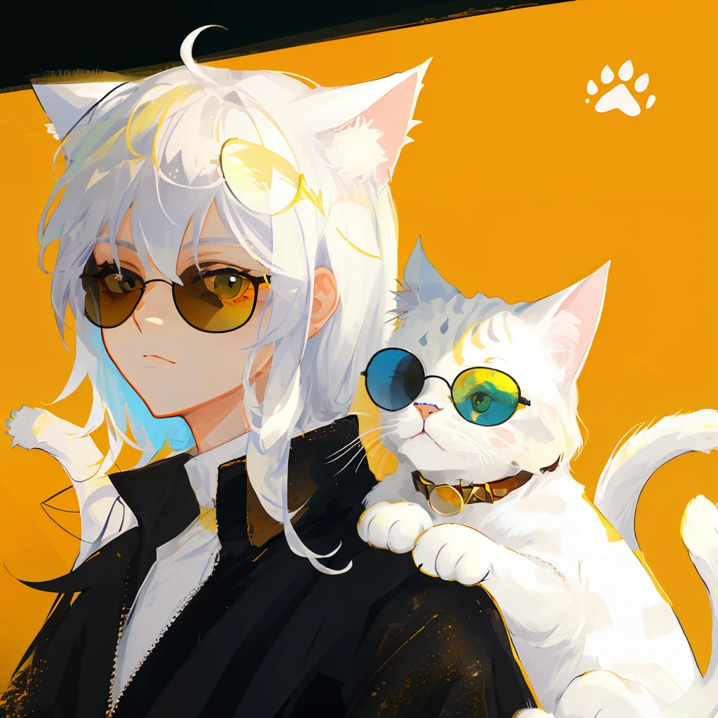 A white cat wearing sunglasses with yellow spots on the upper body,His eyes were staring straight ahead,There are several cat's paw prints on the clothes