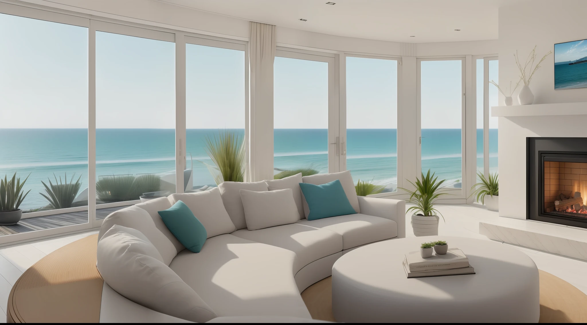 (in 8K, Raw photo, Best Quality, masutepiece:1.2), (Realistic, Photorealsitic:1.37),Living room with ocean view、White is the key.、Contemporary fireplace、Man reading a book on a circular sofa、Award-winning lighting and furnishings、Sense of openness、natural soft light、houseplant、piano、monitors