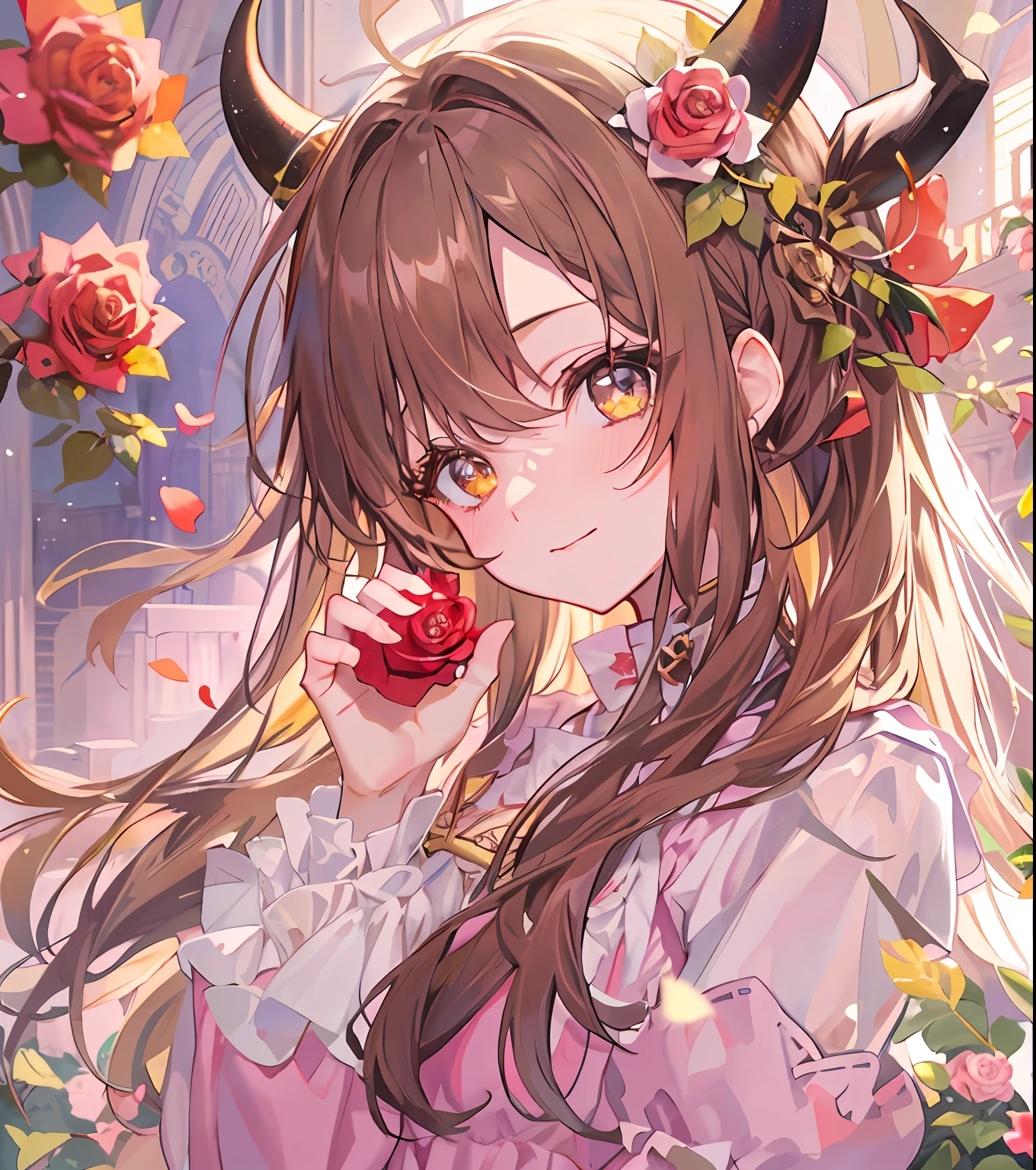 Masterpiece quality,The best quality assurance。A brown hair、Cute girl with golden eyes。Tsundere,Wear a short skirt,Exudes magic,With a rose headdress,pinkdress,Long hair flutters in the wind,Naughty,adolable,devil horns,In the daytime,divino,white church,Holy Church