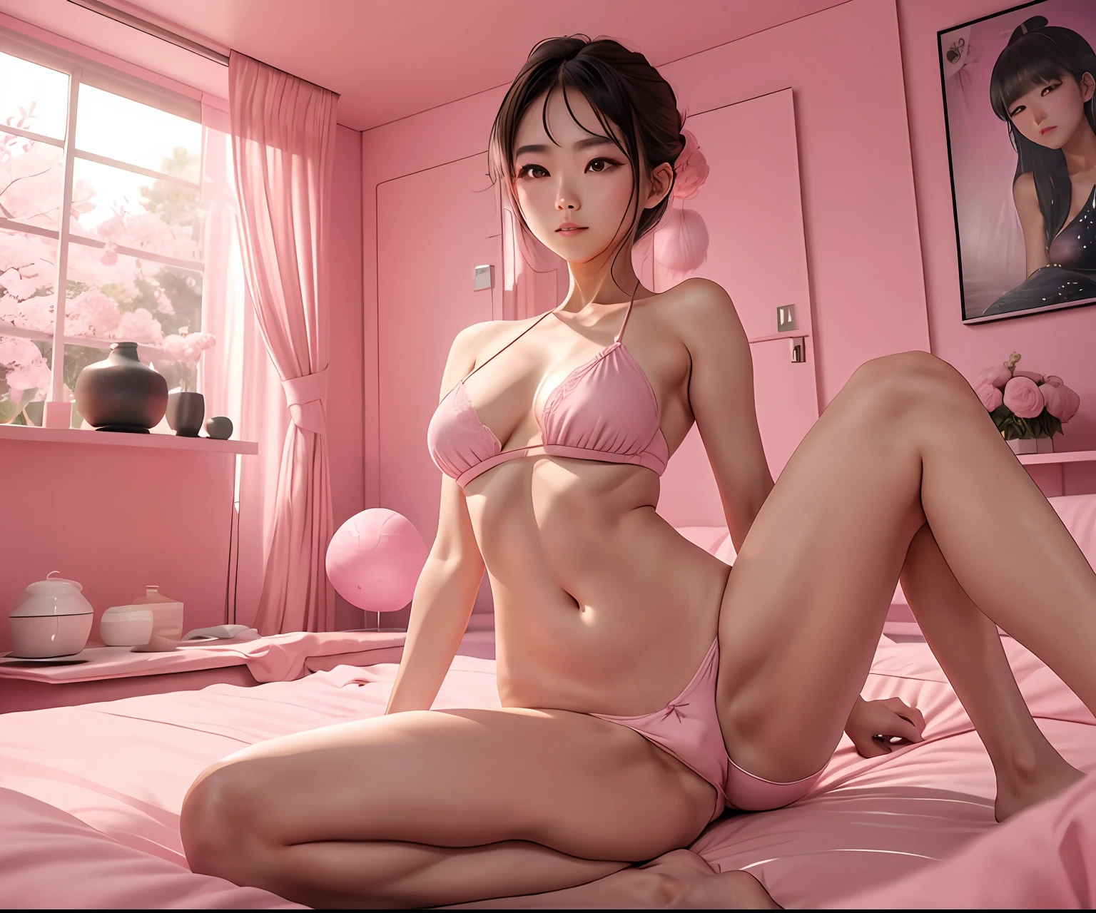 64k、RAW Photography、top-quality、masterpiecel1.4)、(realisitic、Photorealsitic:1.37)、Photo of Japan girl in black((Loose)camisole)、 natural(midium breasts:1.35)、(micro:1.4)Lace pantie、looking at away、(KPOP Idol)、((lying on one's side on bed))、lying on one's side、dishevled hair、Medium hair、(Pink blush)、(illuminating)、[[Open legs、Spread your legs apart]]、(独奏)、Hairless、Shaved、Hyginina」、」dynamicposes、((erectile nipple))、(female pubic-hair)、(Puffy eyes:1.3)、 (slim legs)、erotick、HDR、Highly detailed ambient occlusion、Natural and harmonious composition、fine-art photography、