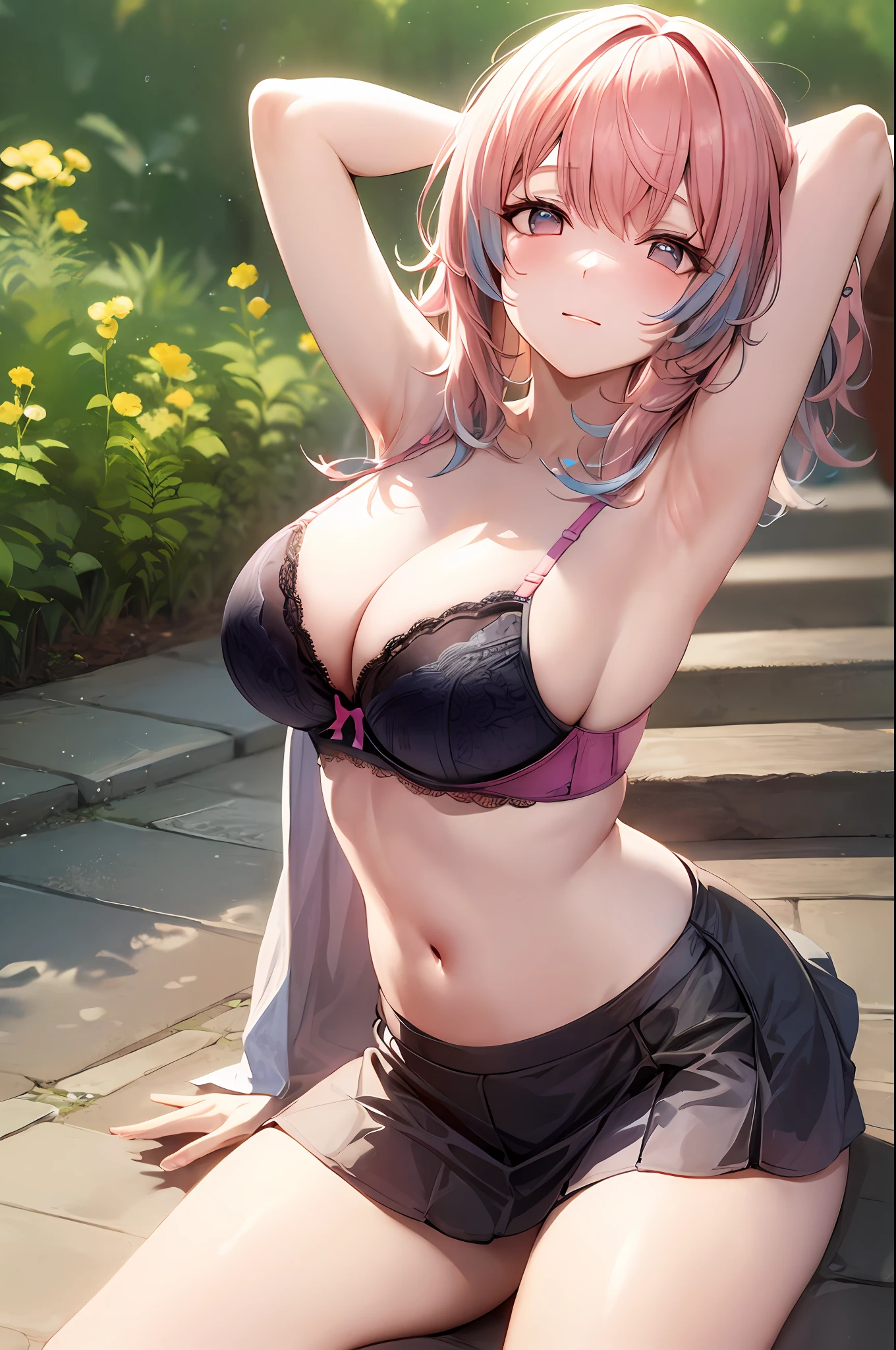 Best quality, pink hair, large breasts, cleavage, navel, t-shirt, ((bra)),clothes lift, skirt, lying, full Body, perfect body ,sitting, armpit