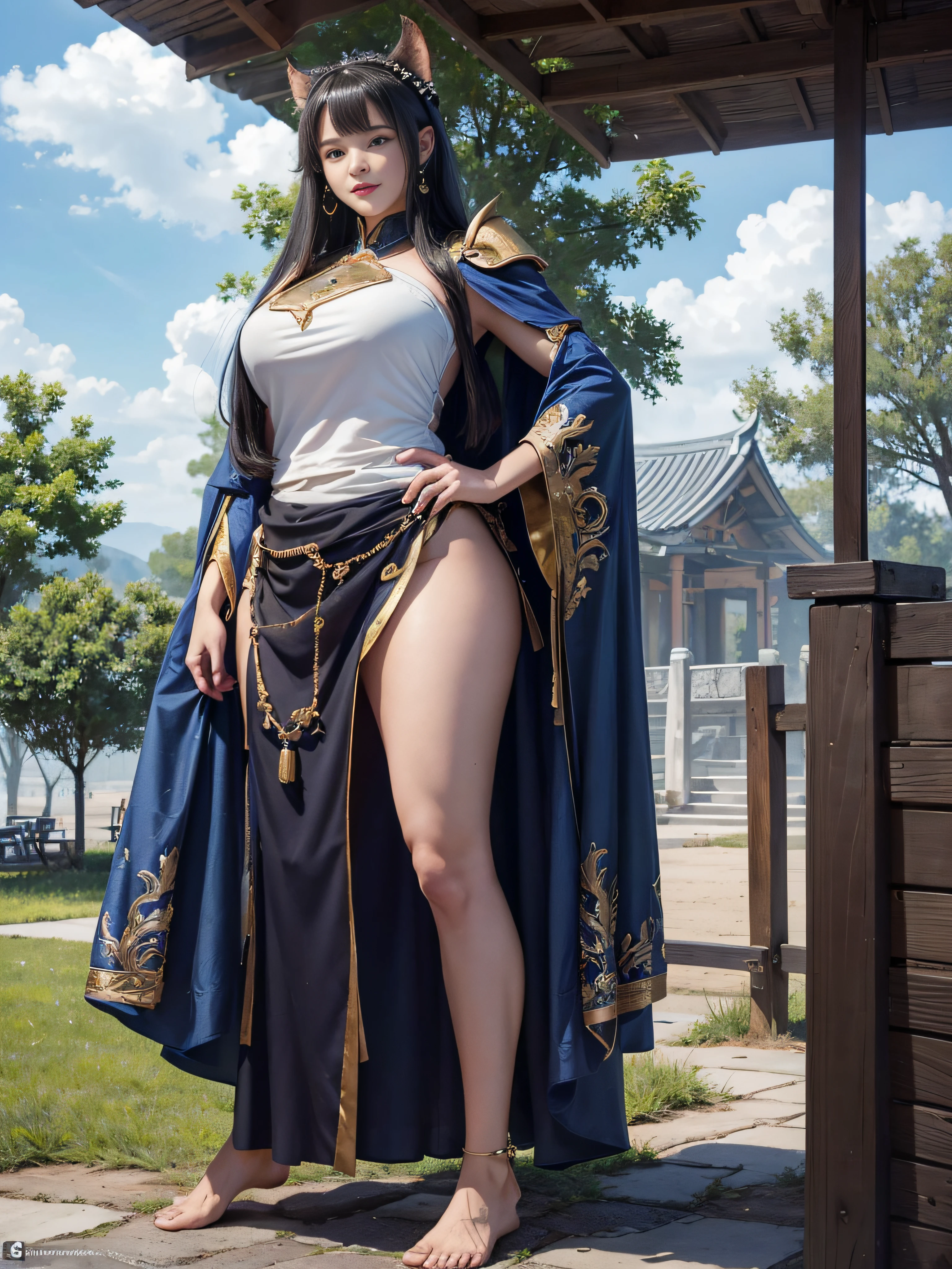 独奏,1 Orcs, Super tall,The temperament of a queen,tmasterpiece,best qualityer,Hyper-detailing,Full body illustration,Fine and detailed eyes and detailed face) garments:There are animal ears,Mature female orcs,cruel grin,There are clothes on the upper body,Wrap the whole body,The lower body is wearing animal skin shorts,bare-legged, Exhibition barefoot,allure:Tall,Plump body,Wide buttock,Large,Strong,There are muscles,Very high,Go ahead,(big assa:1.3),(thick thight:1.3),Taller than a tree,Clouds、building