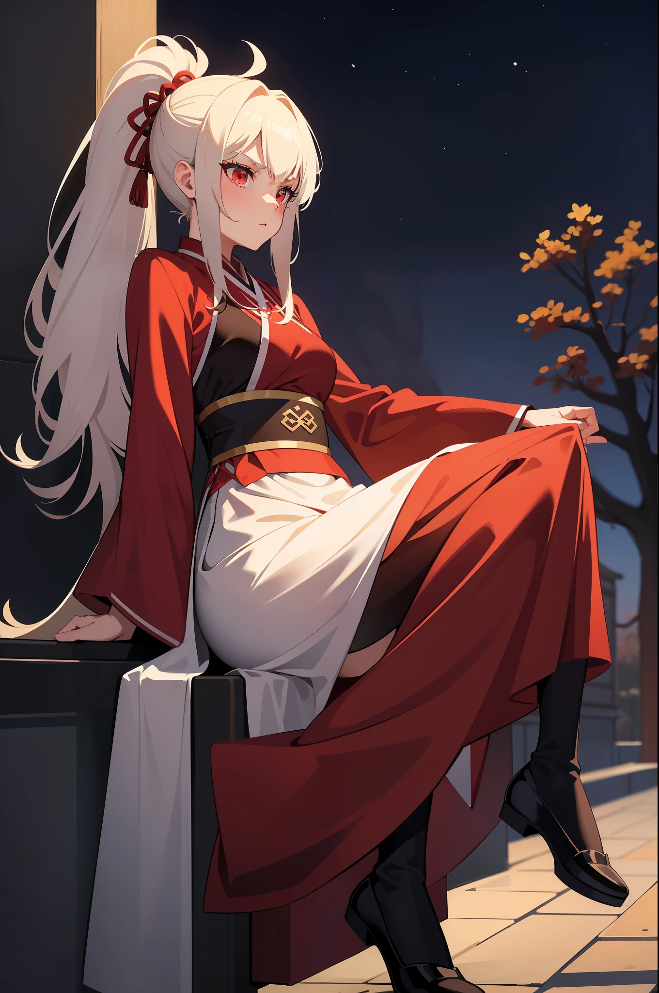 tmasterpiece，high qulity，High ponytailed girl，Take a knife，red color Hanfu，Overlooking，Bokeh background，long  skirt，Wide sleeves，Big tree background at night，style of anime，serious-expression。