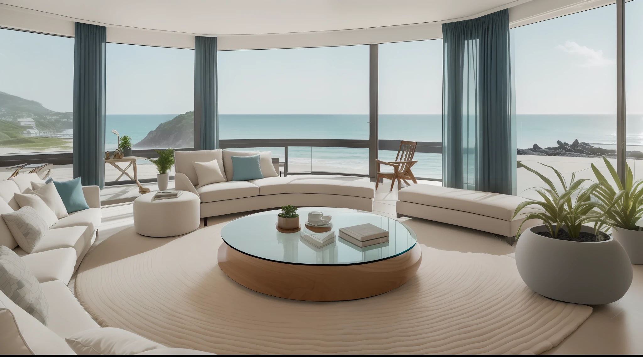 (in 8K, Raw photo, Best Quality, masutepiece:1.2), (Realistic, Photorealsitic:1.37),Living room with ocean view、White is the key.、Contemporary fireplace、Man reading a book on a circular sofa、Award-winning lighting and furnishings、Sense of openness、natural soft light、houseplant、piano、monitors
