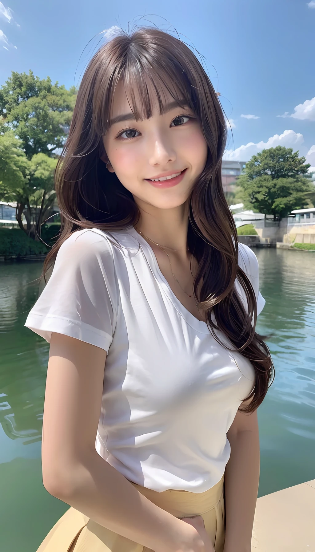 (8K、top-quality、masterpiece、超A high resolution、High Definition Face:1.3)、portlate、(20 years girl:1.3)、bokeh dof、frontage、 Genius genius smile、ultra-detailliert、ultra res、(realisitic、rialistic photo:1.37)、high-definition RAW color photography、Professional Photography、highly detailed and beautiful、ighly detailed、8K Picture Wallpaper、amazing detailed、huge filesize、Official art、Highly detailed CG Unity 8K wallpapers、highly detailed beautiful girl、extra detailed face、extremely detailed eye、highlydetailed skin、extremely detailed fingers、highly detailed nose、very detailed detailed mouth、Perfect Anatomy、Highly detailed clothing、女の子 1 人、(18:1.2)、Teen、Cute little girl s、famous Japan idol、cute little、Realistic body、小柄、de pele branca、glistning skin、Slim body、Handsome body、brown haired、(Blunt bangs:1.2)、Classic wavy long hair、 (nffsw:1.3),a smile、kawaii、zora々Right、kawaii faces、Lifelike face、Delicat eyes、Sauce order、White T-shirt、skirt by the、Looking at the camera、cowboy shot、along the river、front facing、Contrapo、public