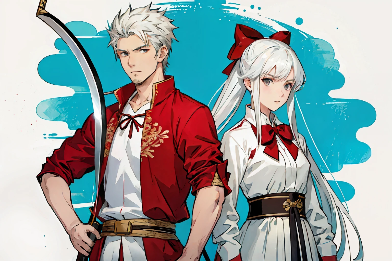 (best quality), white-haired male swordsman and bow-wielding female archer wearing red shirt